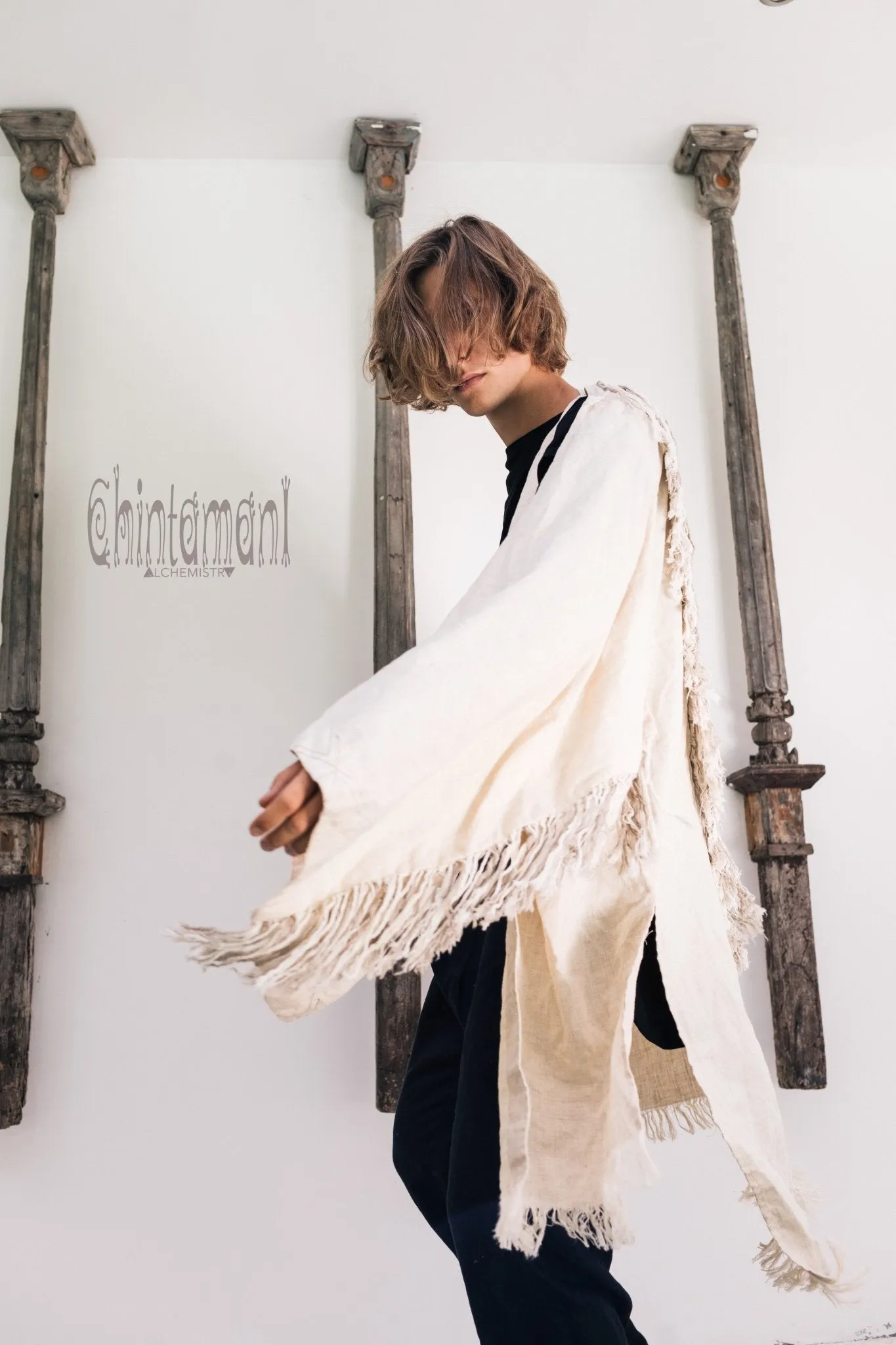 Linen Fringe Kimono Cardigan for Men / Off White Cream