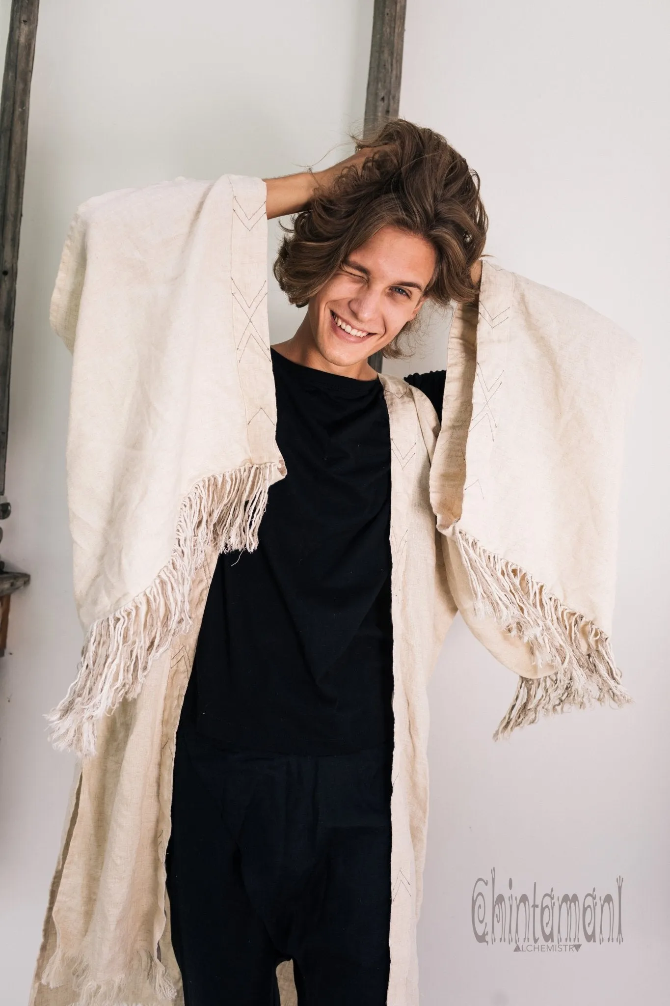 Linen Fringe Kimono Cardigan for Men / Off White Cream