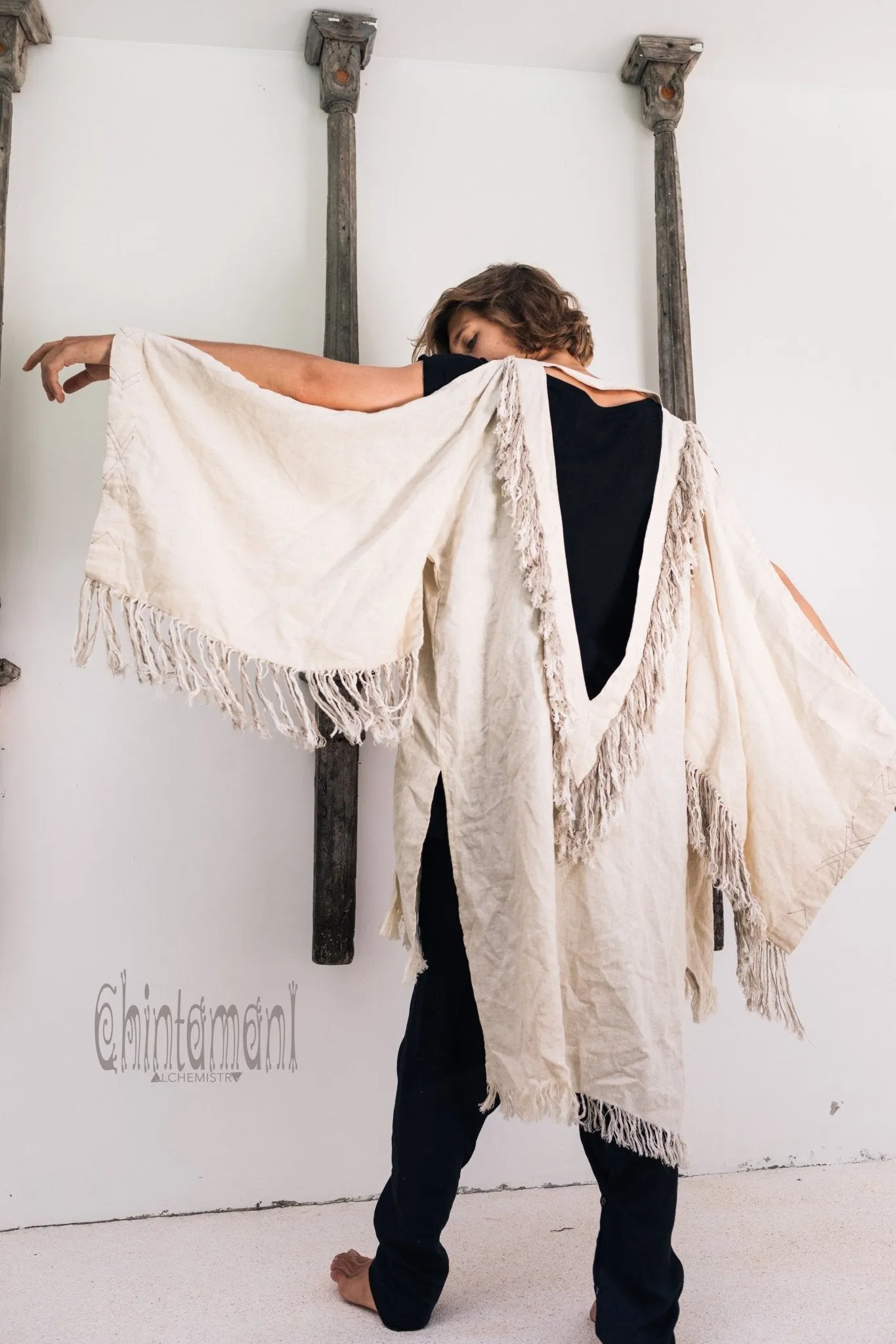 Linen Fringe Kimono Cardigan for Men / Off White Cream