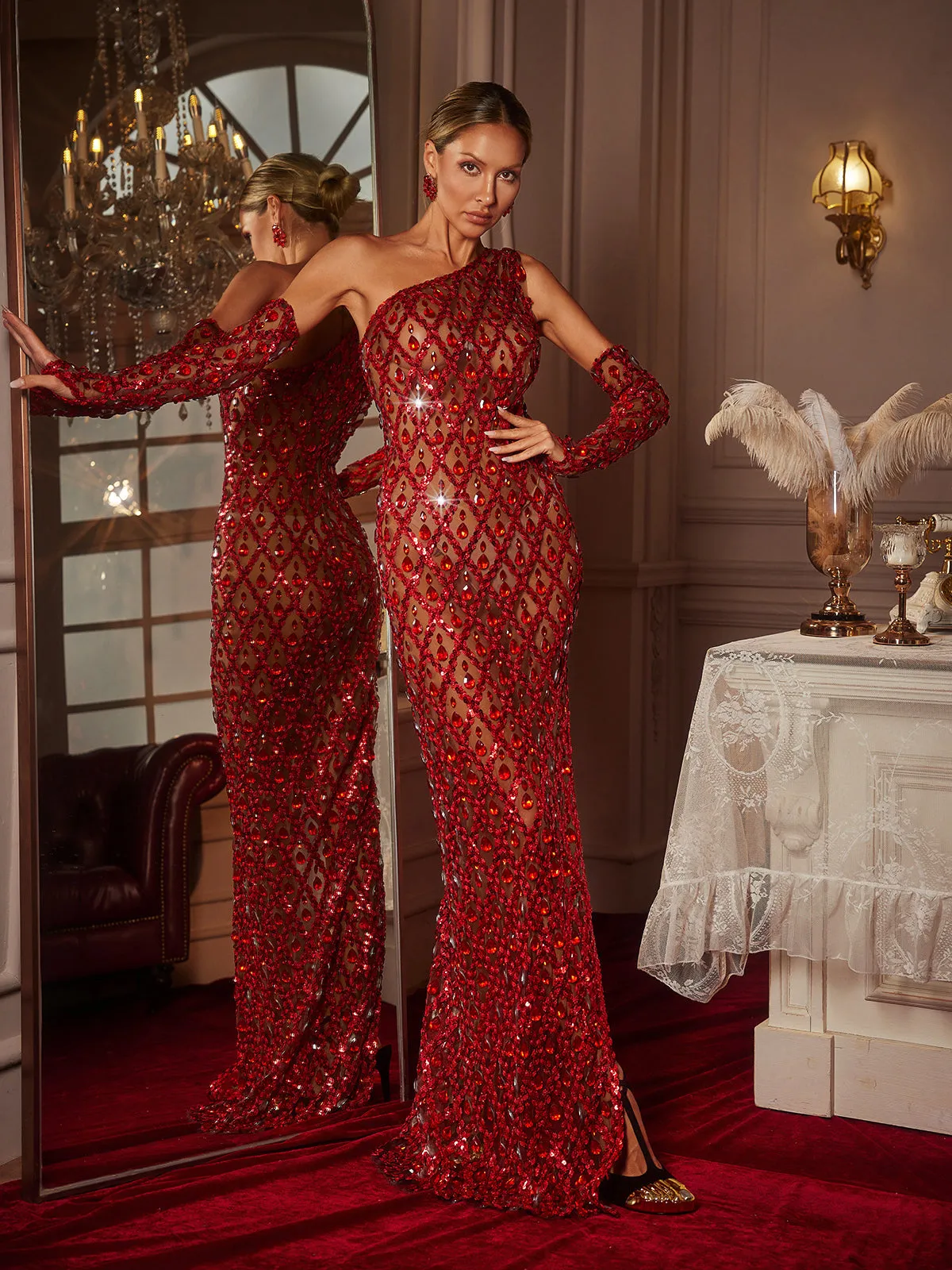 Liora One Shoulder Sequin Crystal Maxi Dress With Gloves In Red