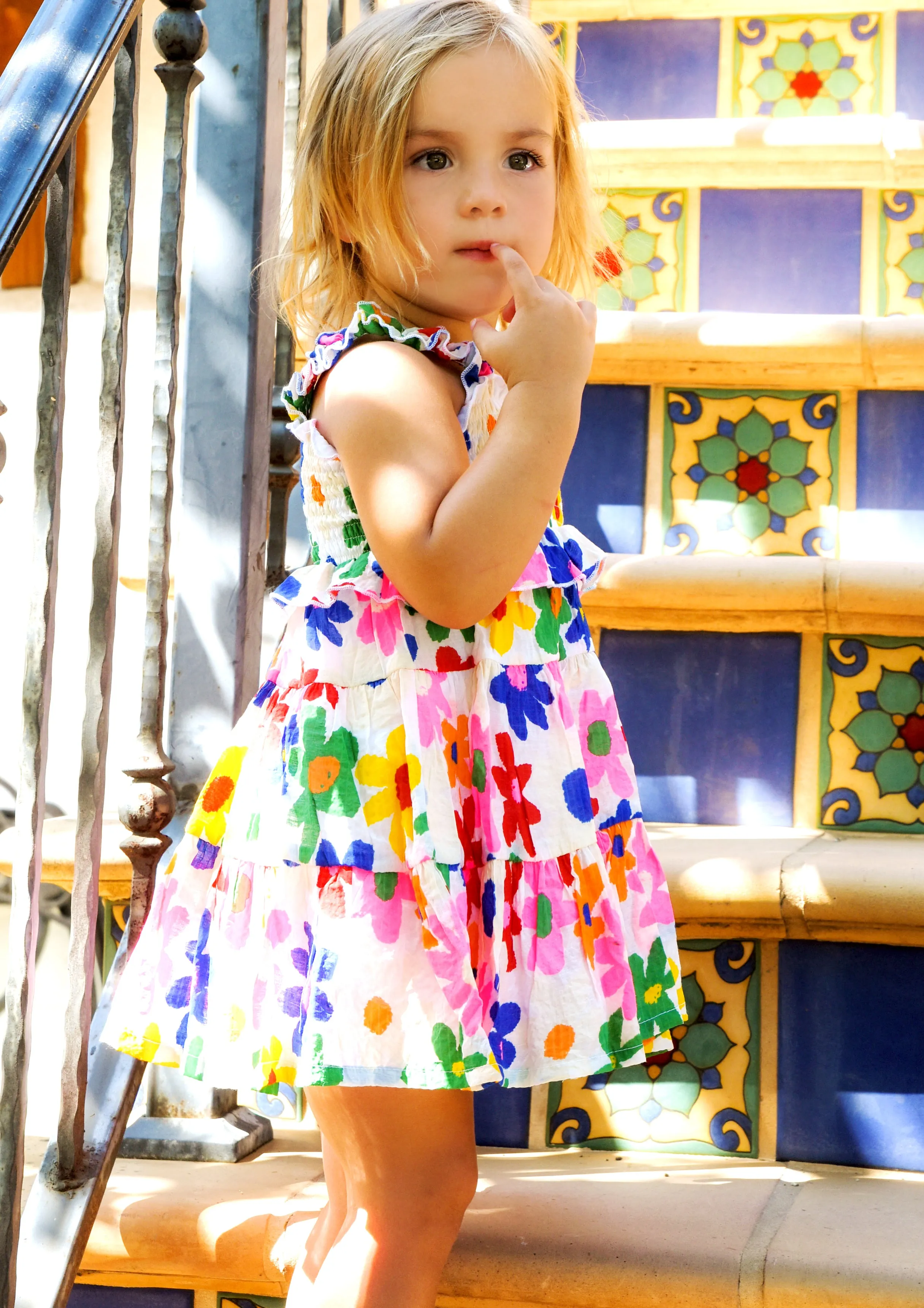 Little l Big Girl's Color Block Daisy Floral Print Tiered Dress