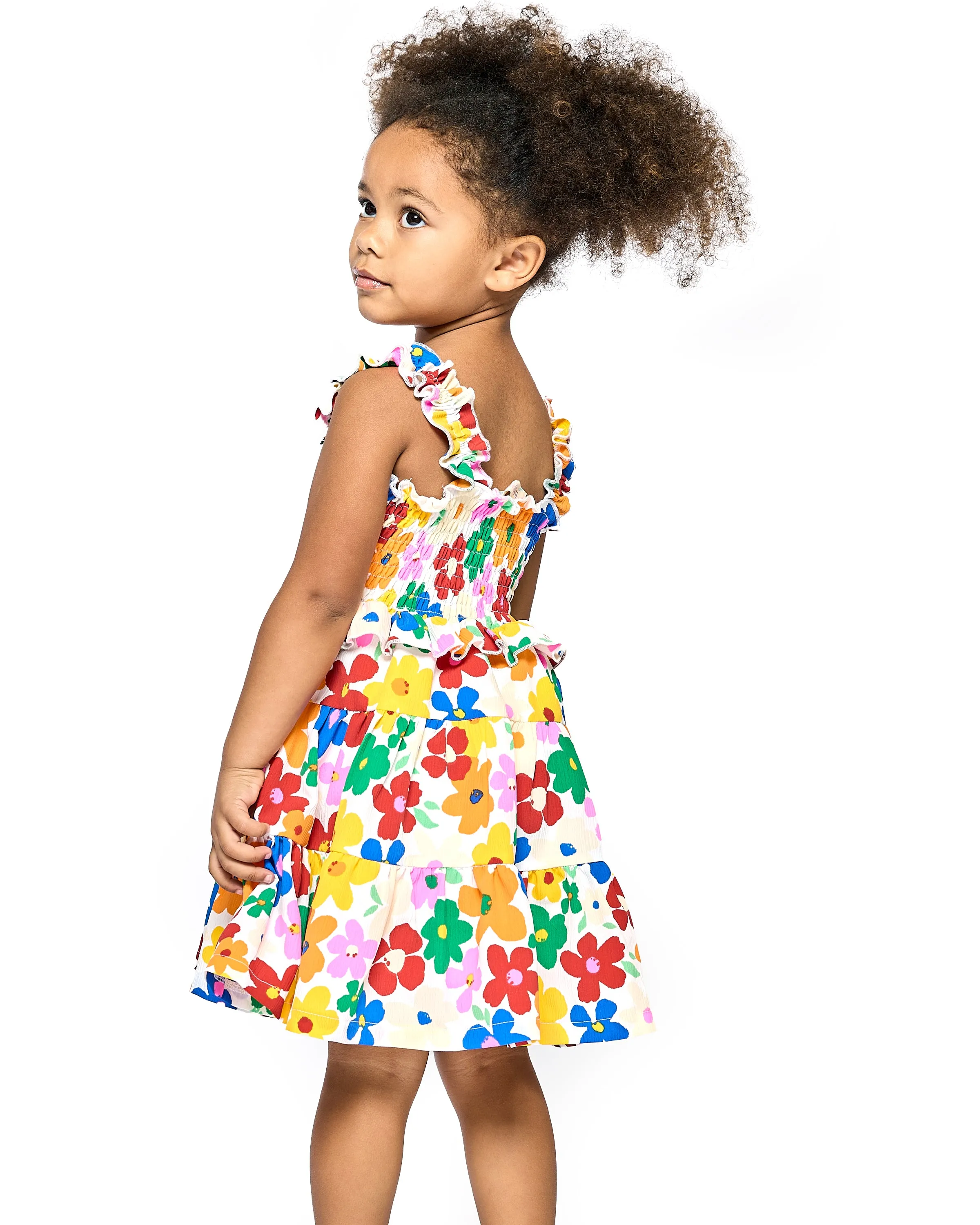 Little l Big Girl's Color Block Daisy Floral Print Tiered Dress