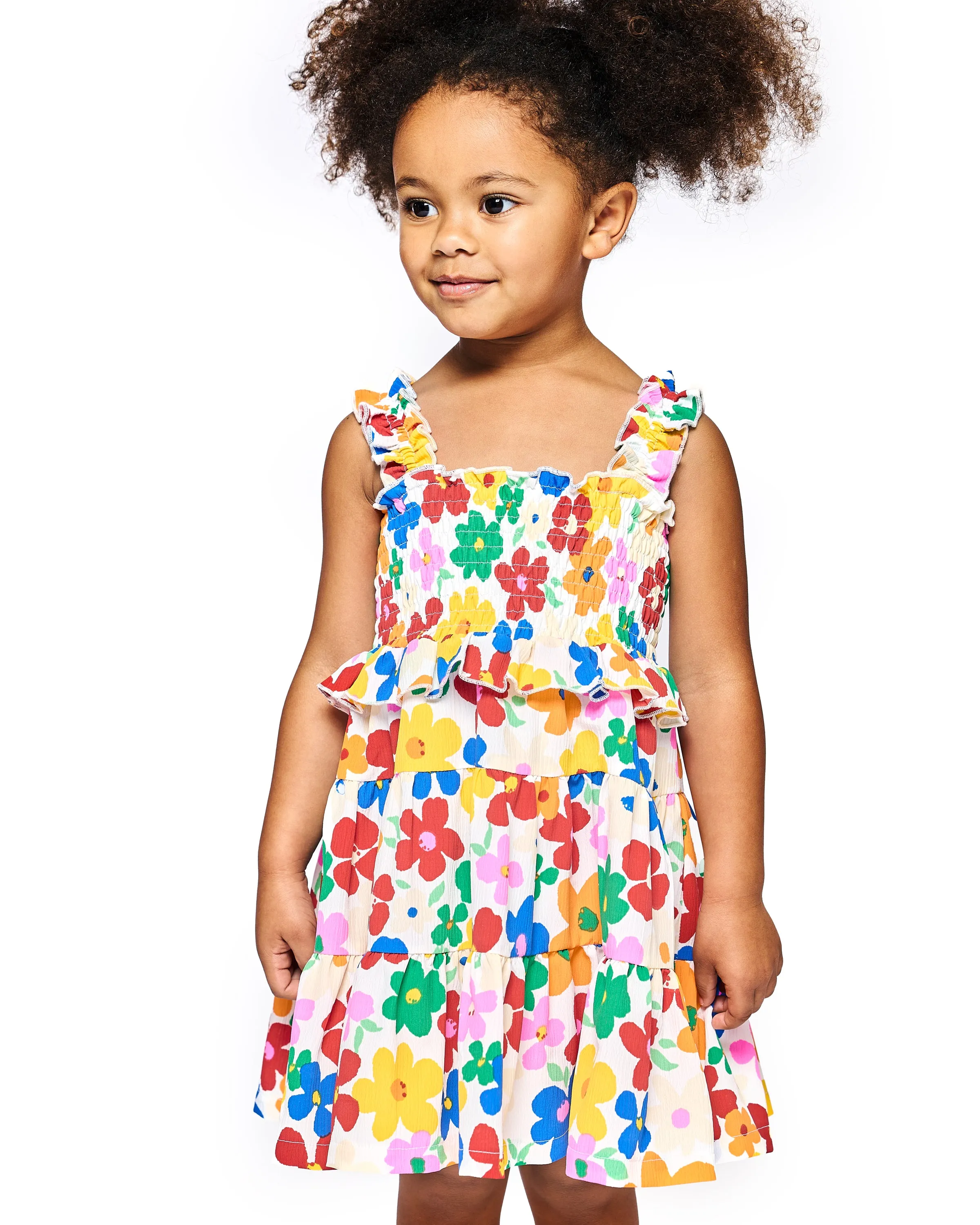 Little l Big Girl's Color Block Daisy Floral Print Tiered Dress