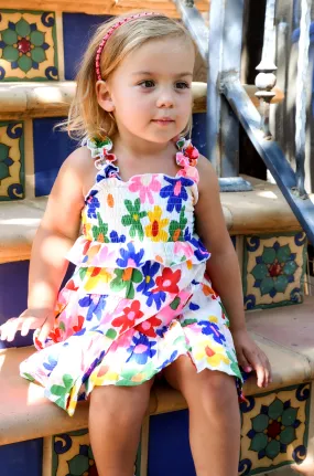 Little l Big Girl's Color Block Daisy Floral Print Tiered Dress