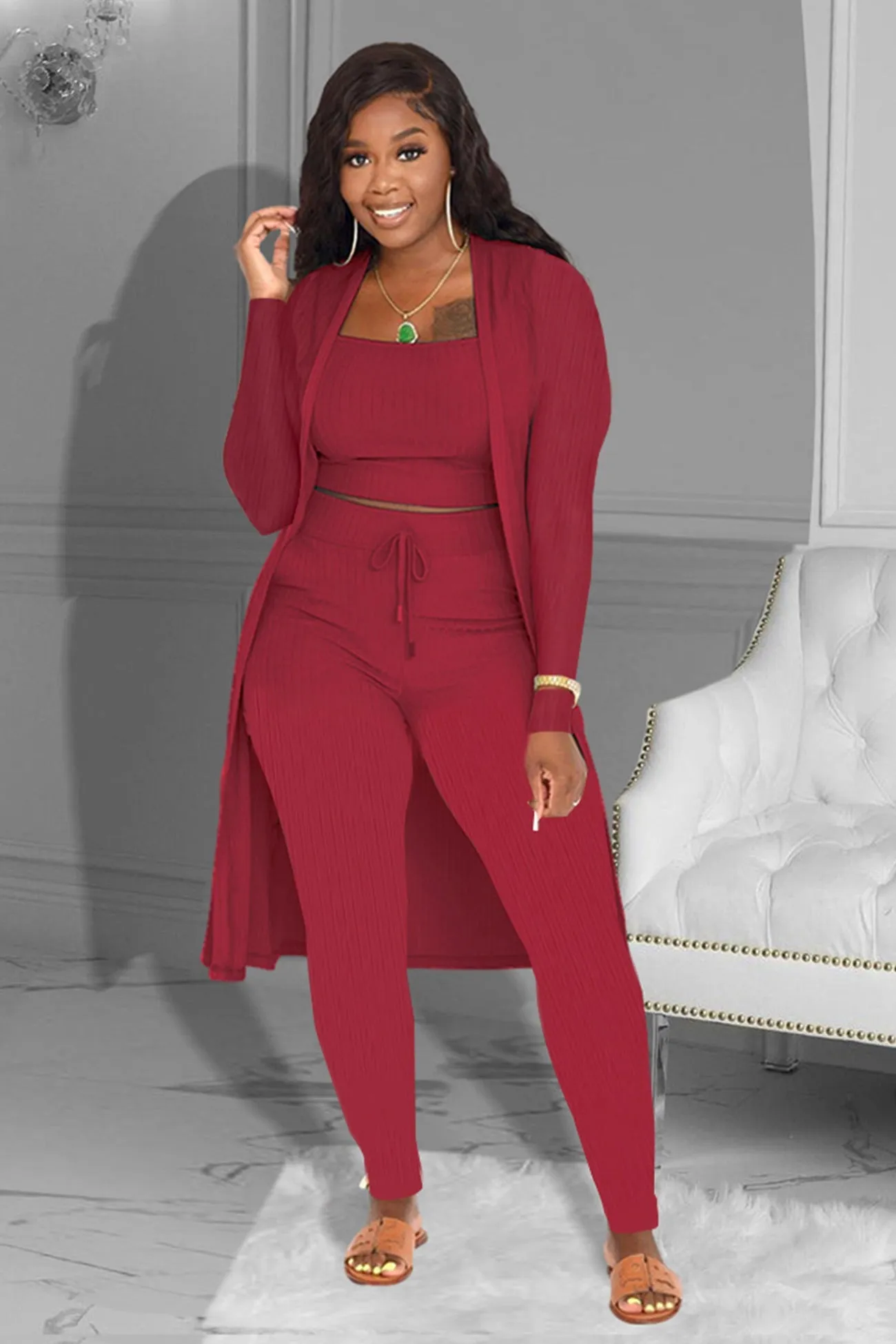 Long Cardigan Vest Three Piece Long Pants Suits