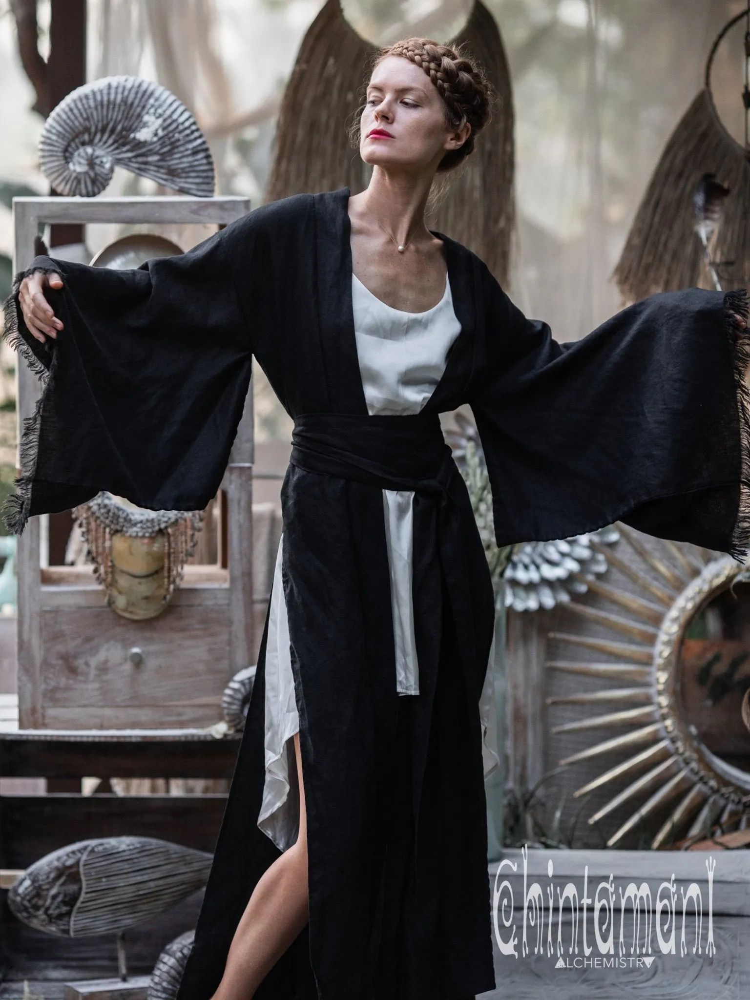 Long Linen Japanese Kimono Robe / Cardigan for Women / Black