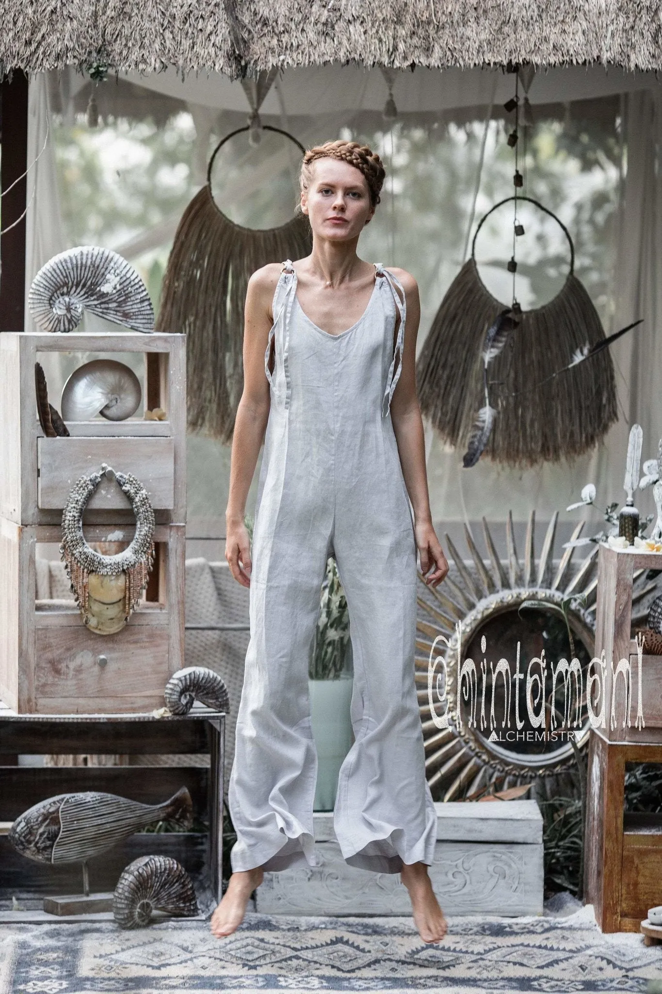 Long Linen Jumpsuit for Women / Overalls with Back Zip / Light Grey