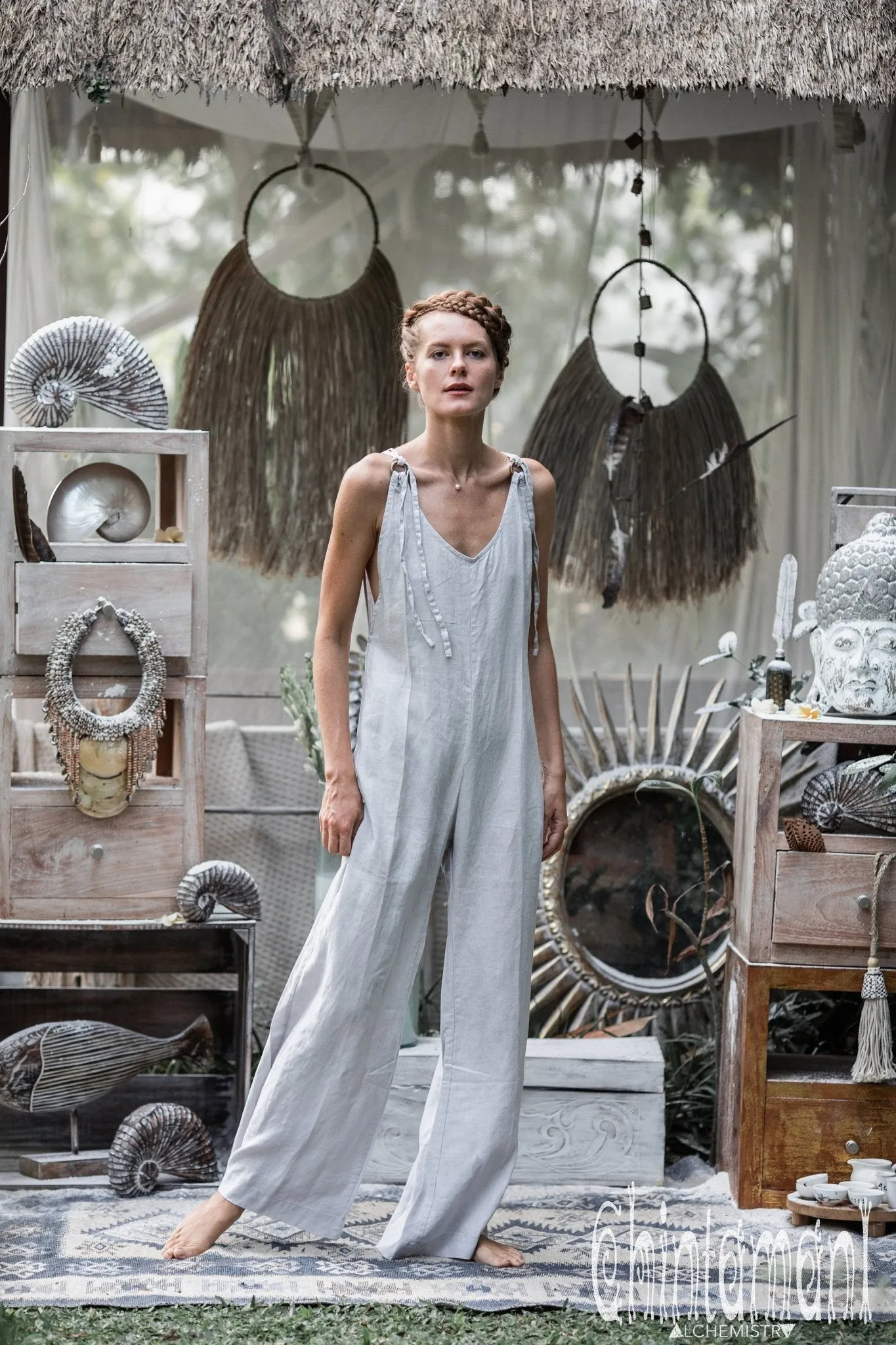 Long Linen Jumpsuit for Women / Overalls with Back Zip / Light Grey