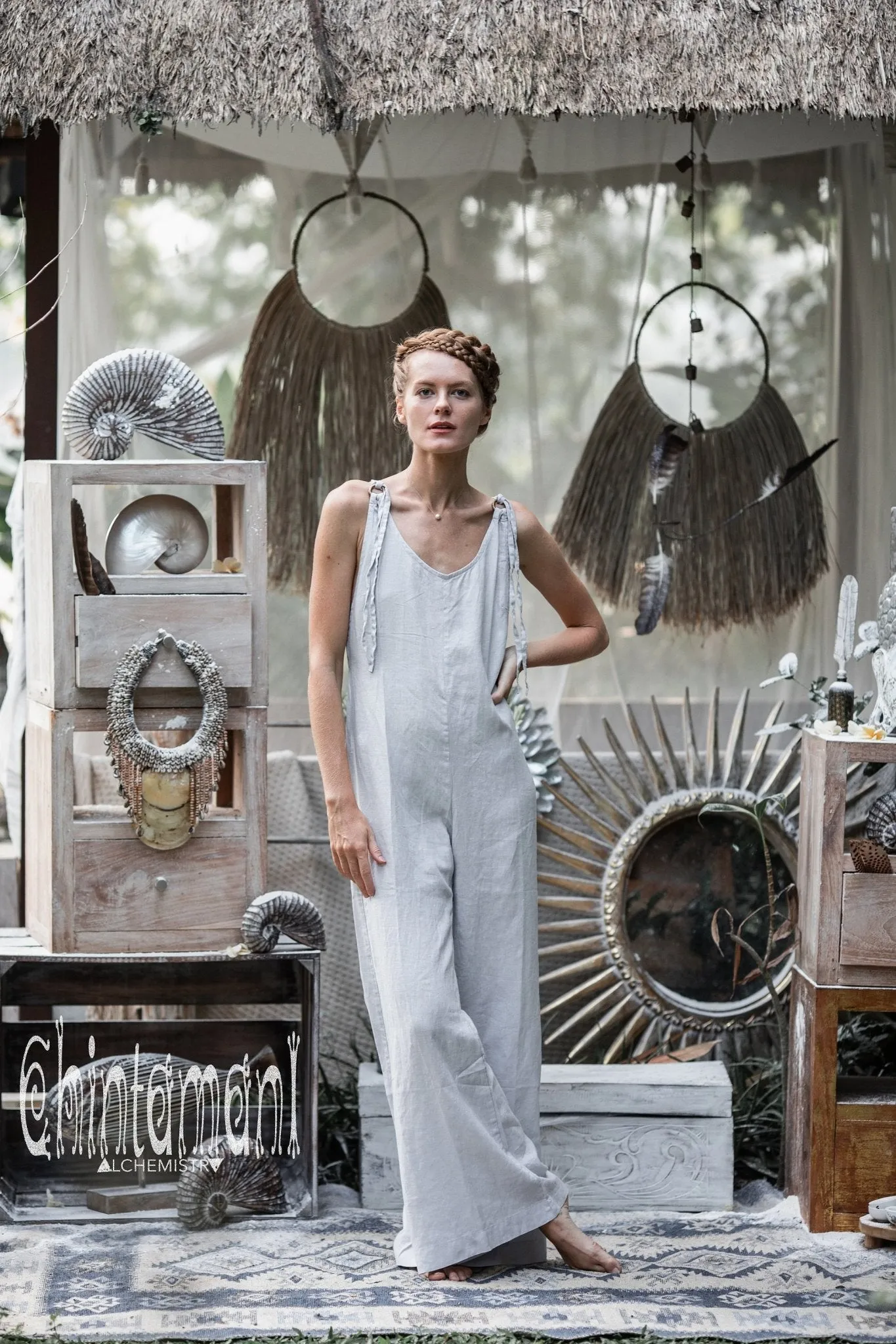 Long Linen Jumpsuit for Women / Overalls with Back Zip / Light Grey