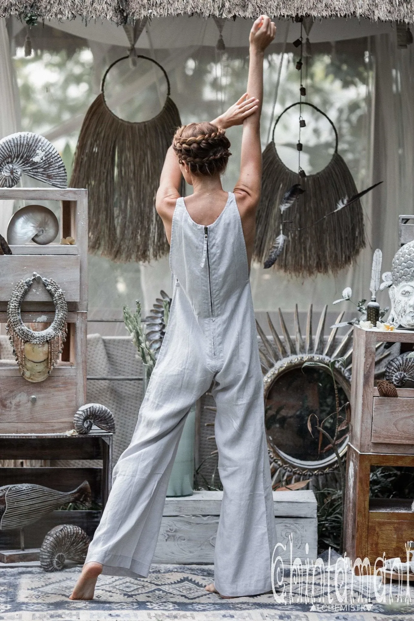 Long Linen Jumpsuit for Women / Overalls with Back Zip / Light Grey