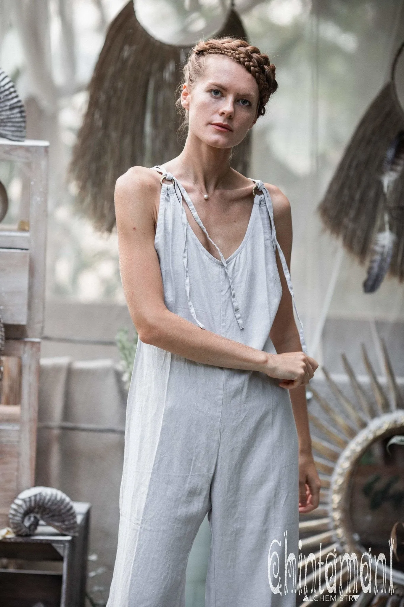 Long Linen Jumpsuit for Women / Overalls with Back Zip / Light Grey