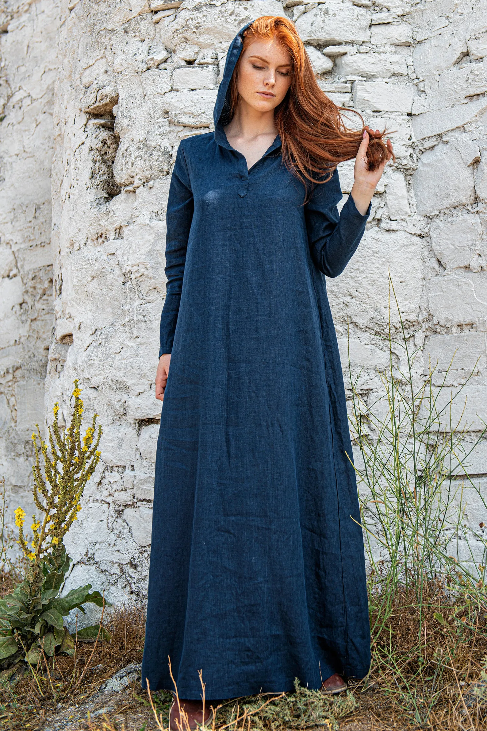 Long Sleeve Hooded Linen Dress