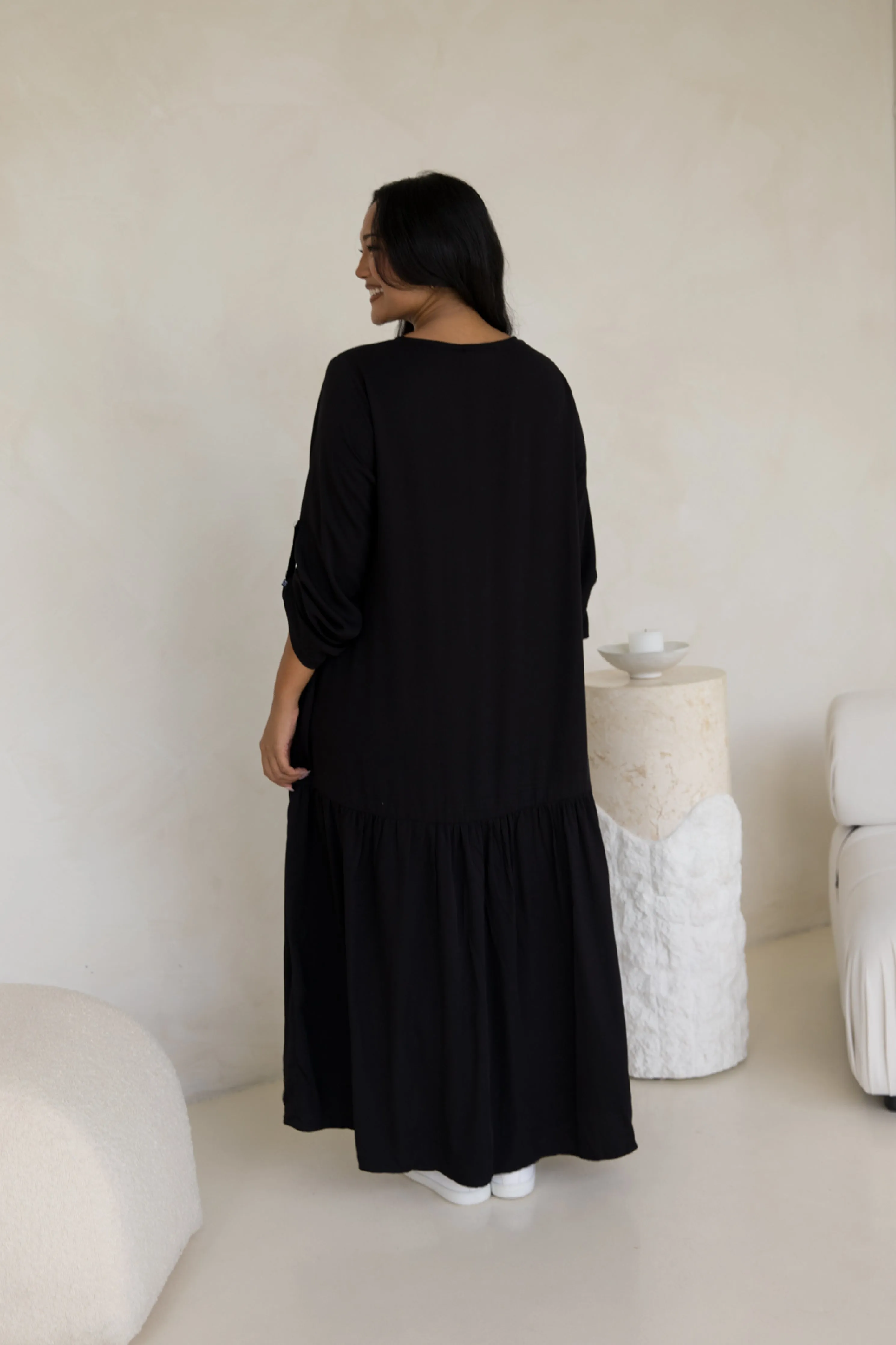 Long Sleeve Peak Maxi Dress | Black