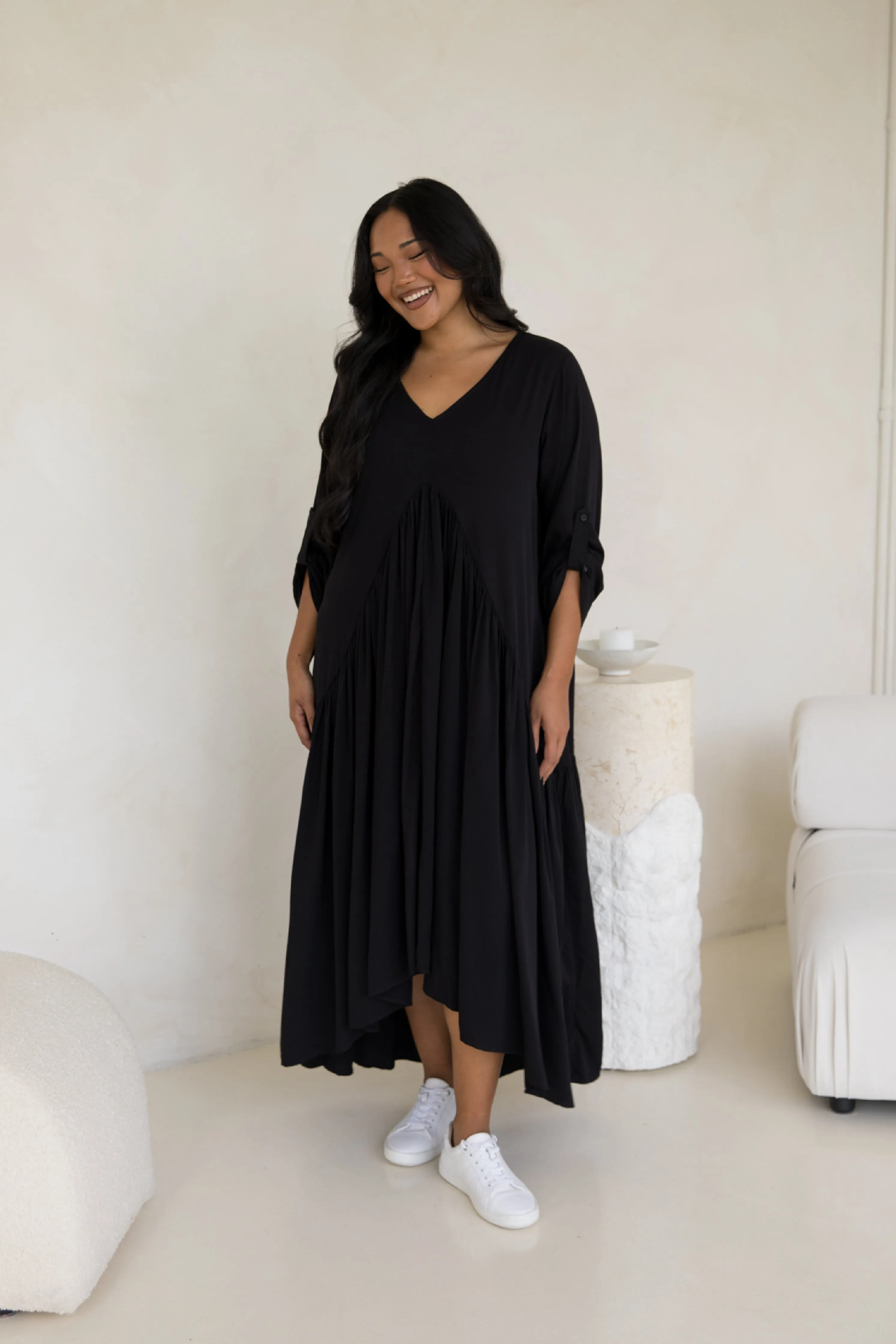 Long Sleeve Peak Maxi Dress | Black