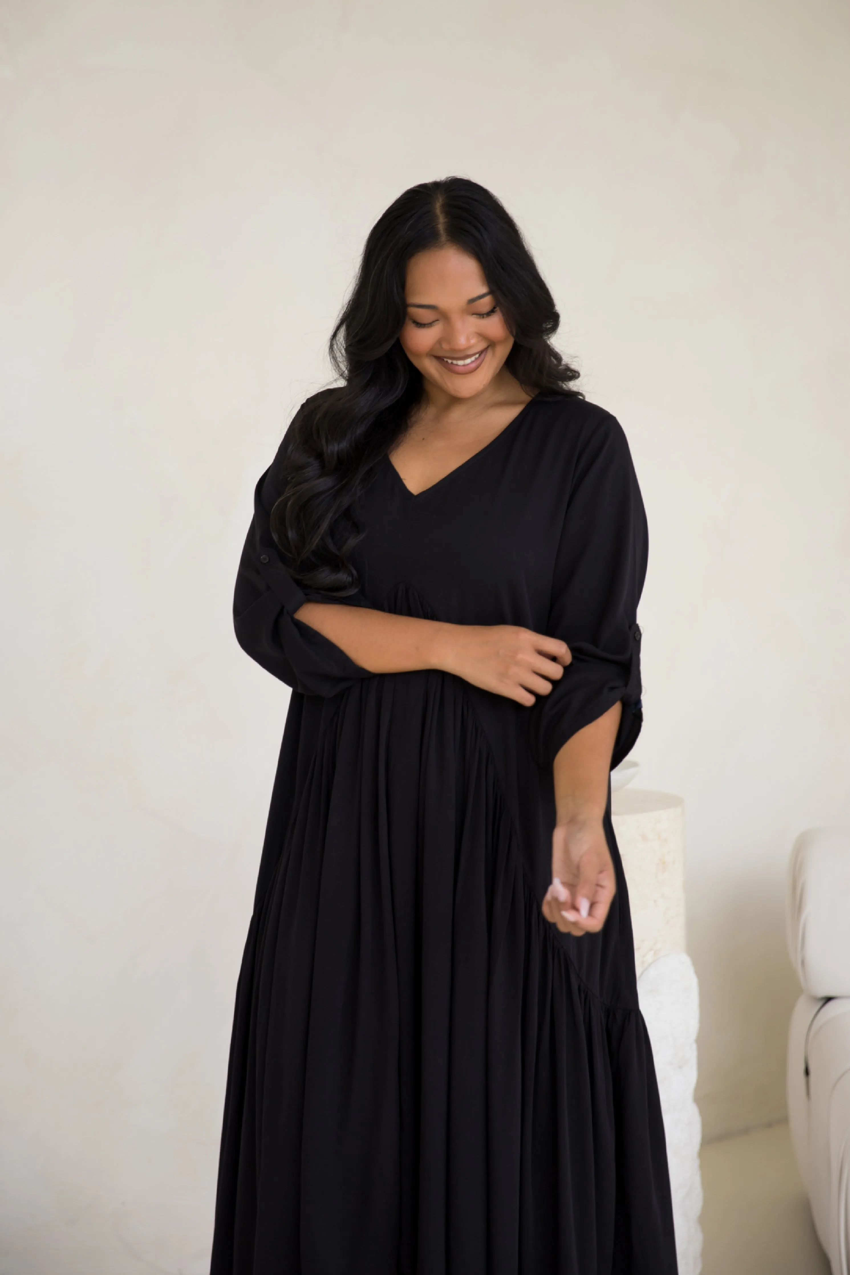 Long Sleeve Peak Maxi Dress | Black