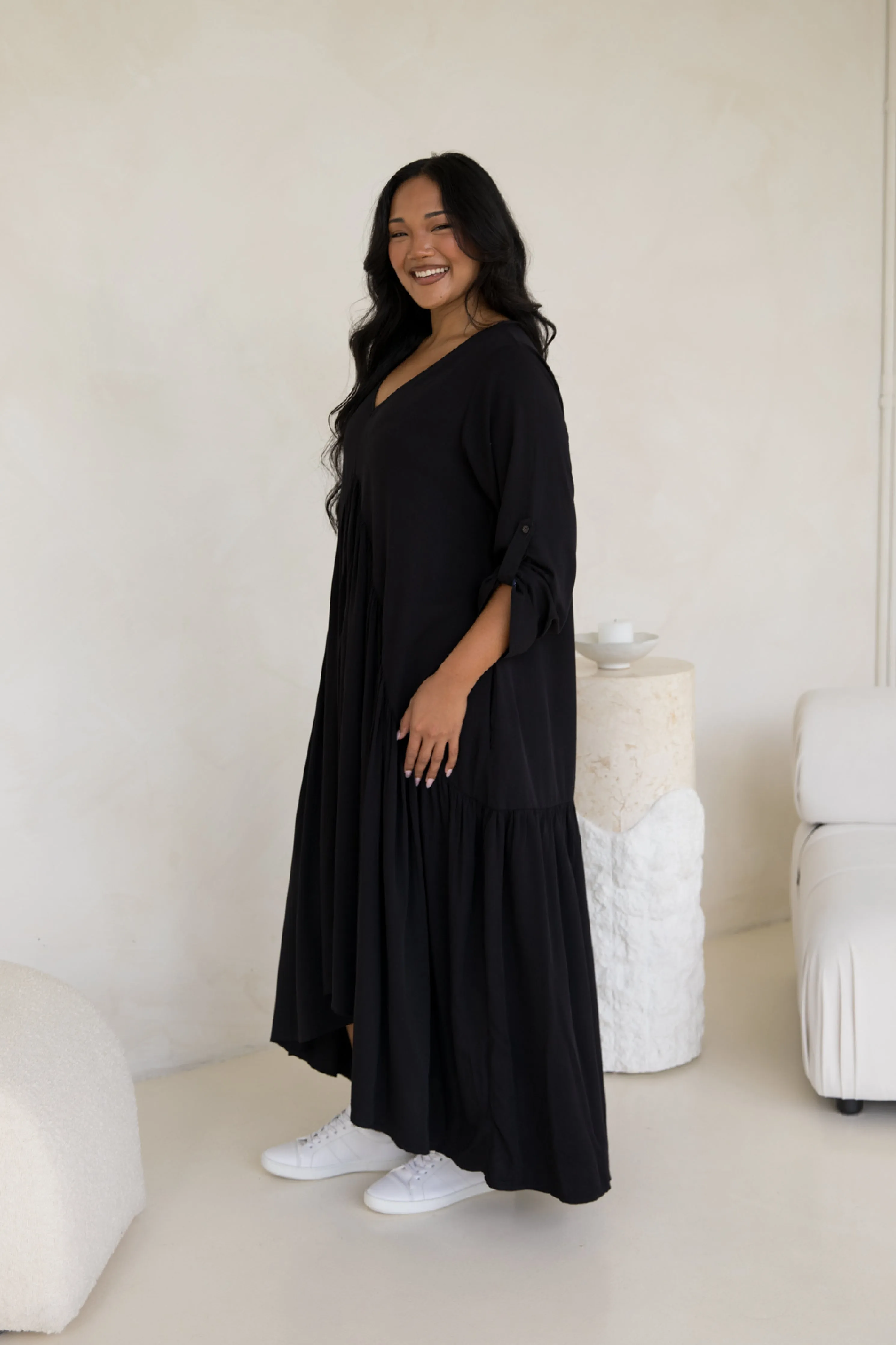 Long Sleeve Peak Maxi Dress | Black