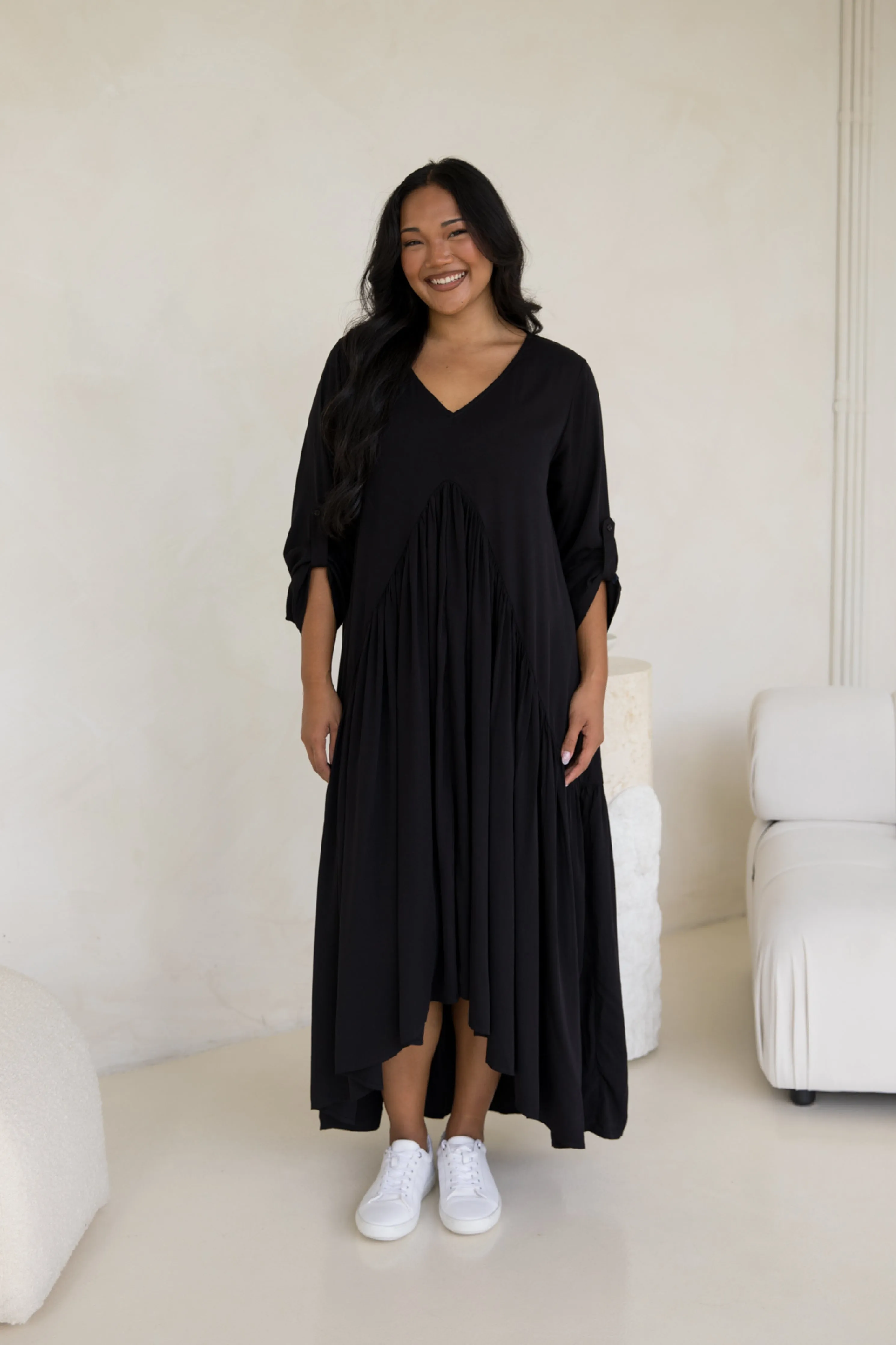 Long Sleeve Peak Maxi Dress | Black