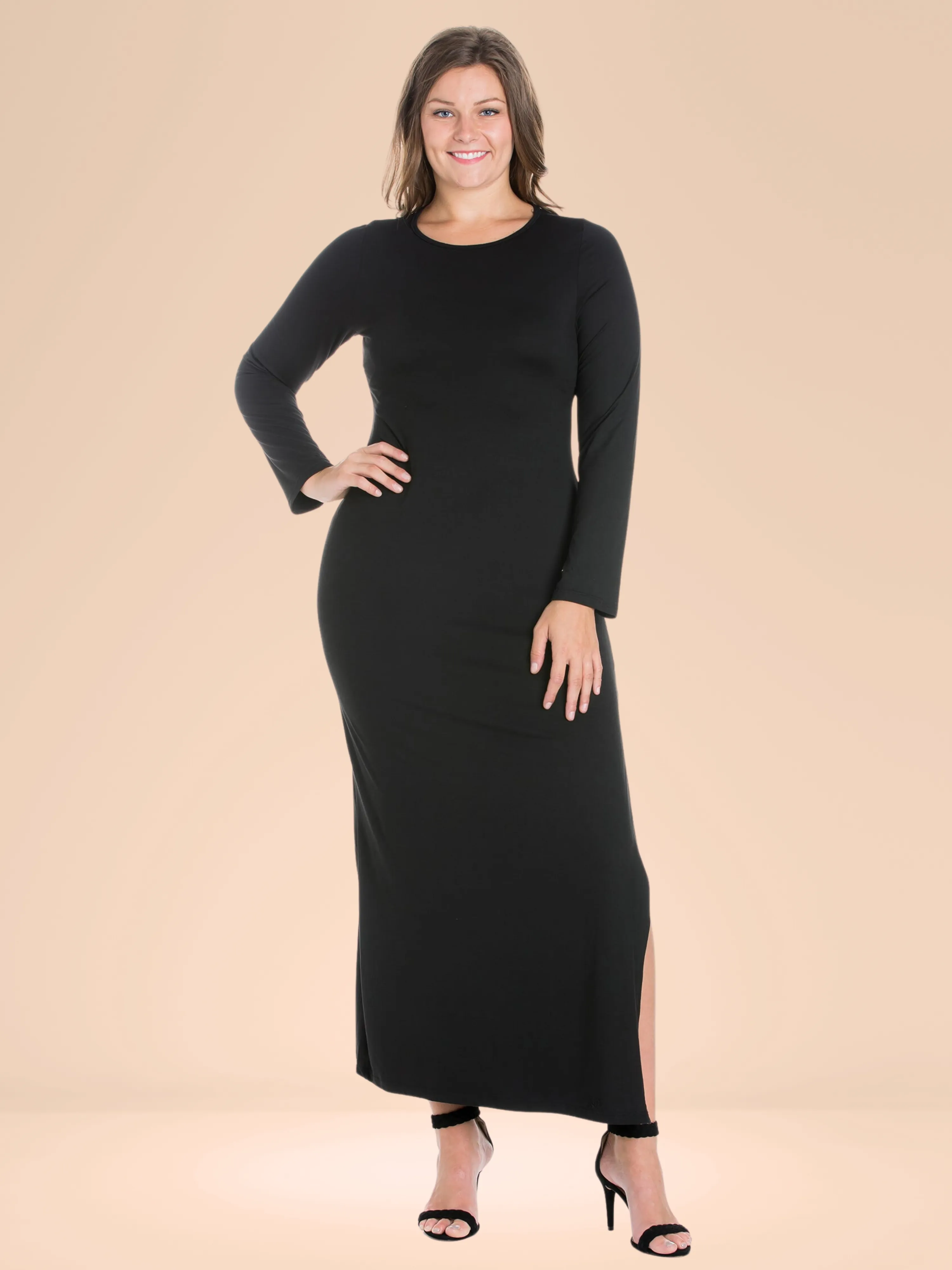 Long Sleeve Side Slit Fitted Plus Size Maxi Dress