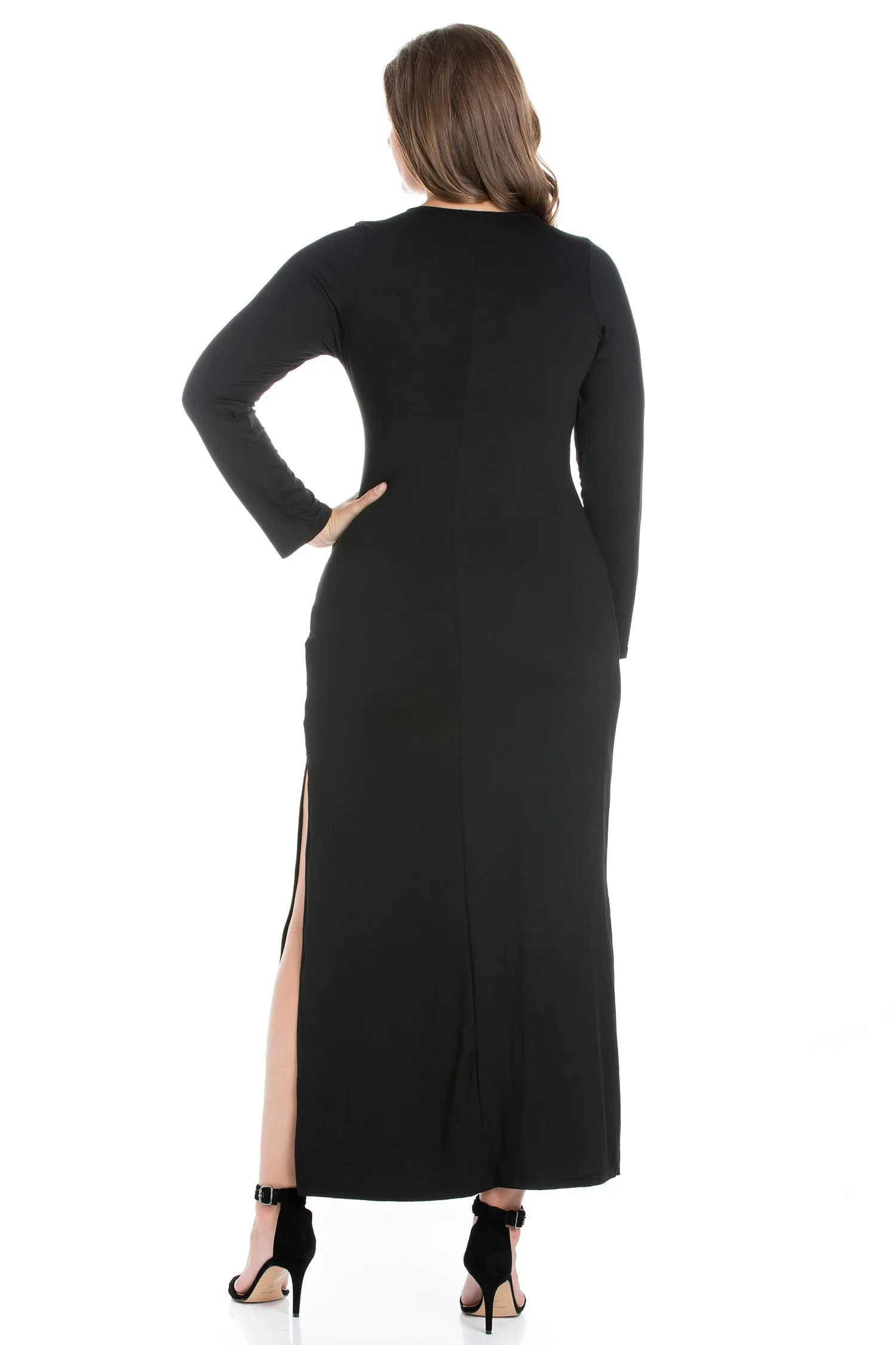 Long Sleeve Side Slit Fitted Plus Size Maxi Dress