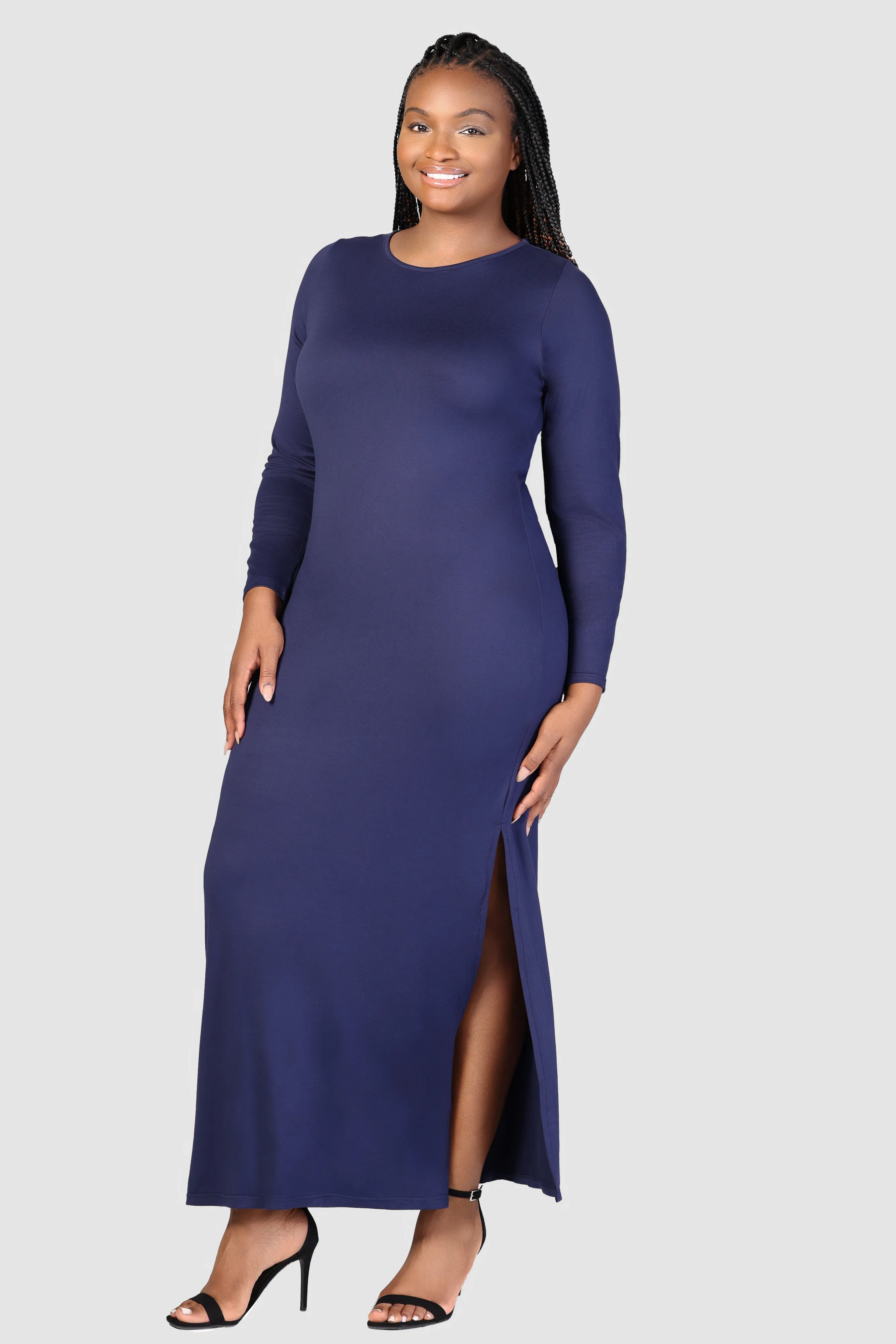 Long Sleeve Side Slit Fitted Plus Size Maxi Dress