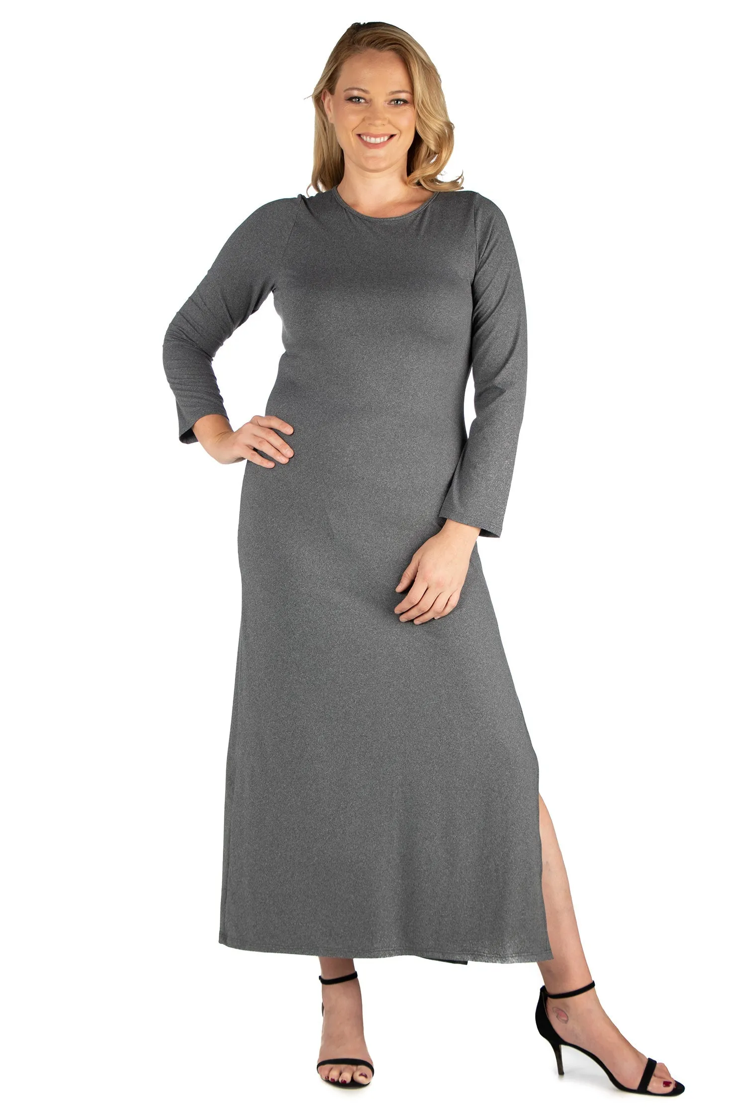 Long Sleeve Side Slit Fitted Plus Size Maxi Dress