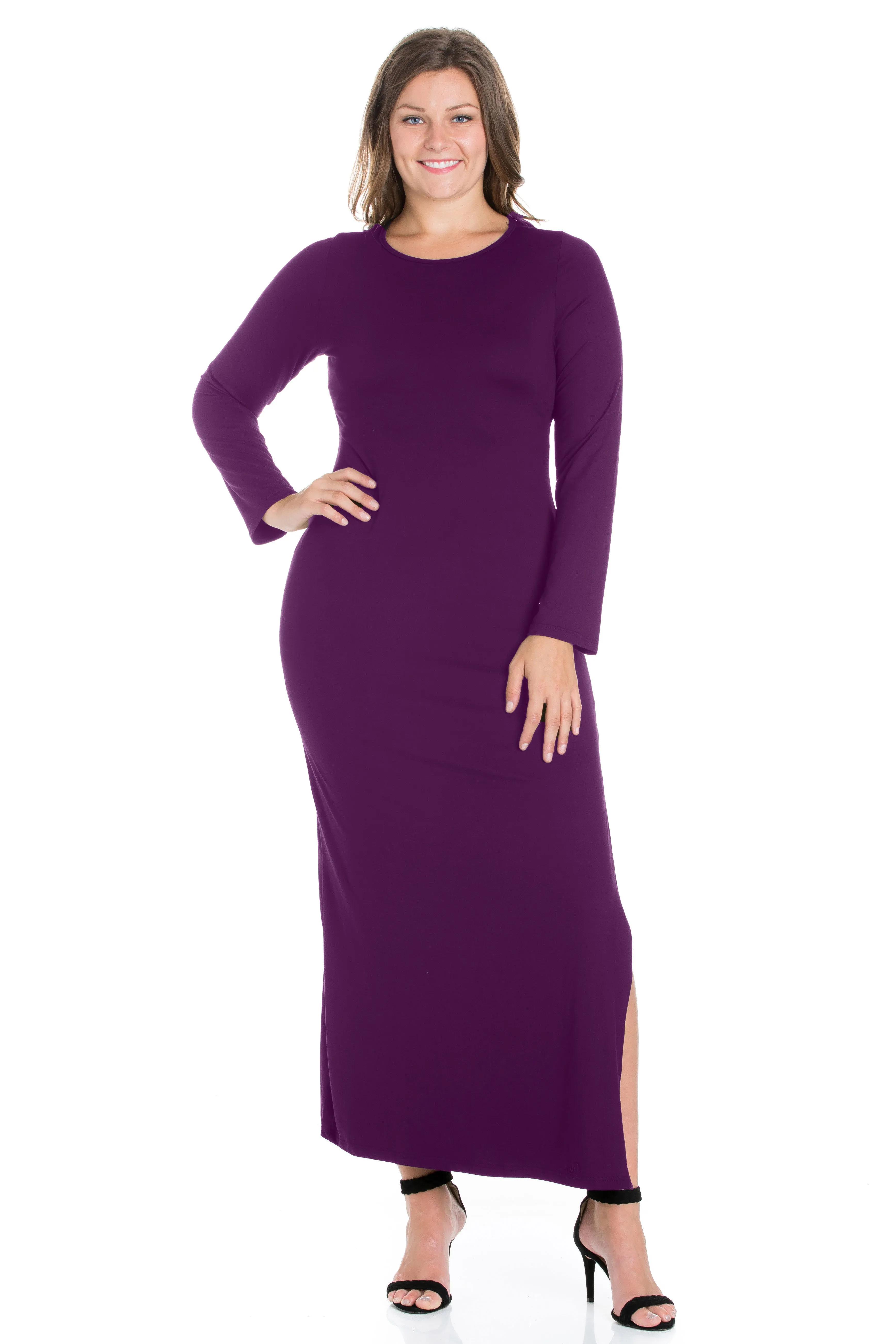 Long Sleeve Side Slit Fitted Plus Size Maxi Dress