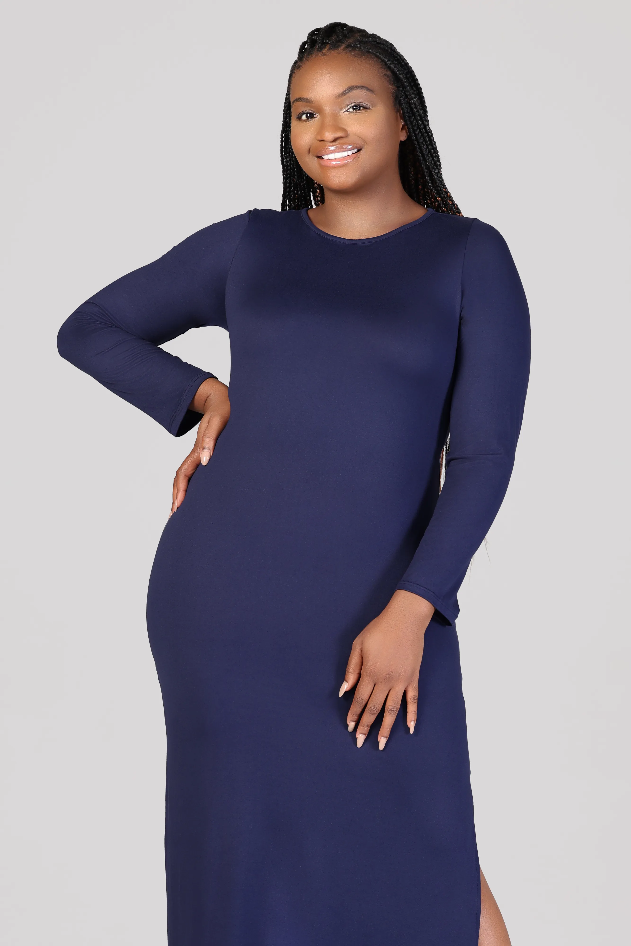 Long Sleeve Side Slit Fitted Plus Size Maxi Dress