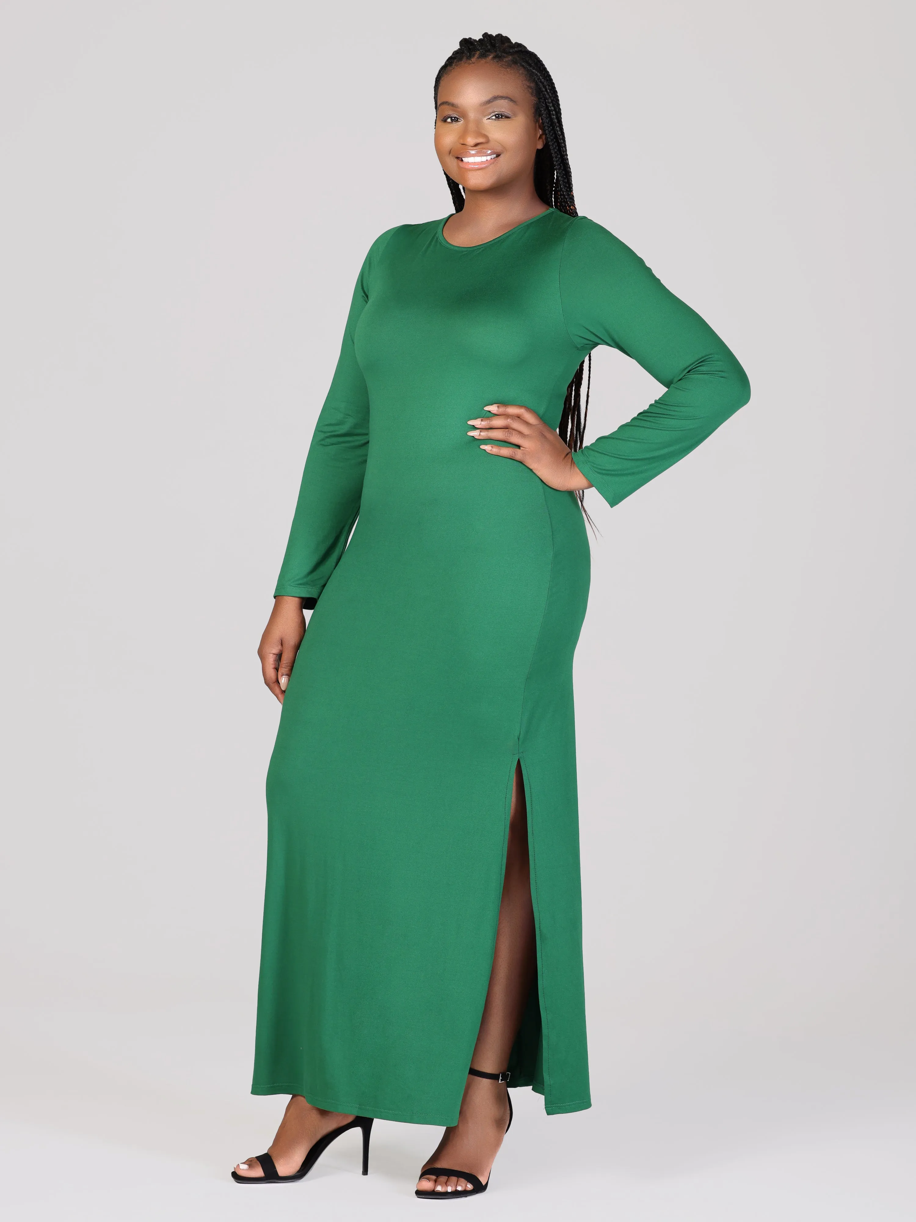 Long Sleeve Side Slit Fitted Plus Size Maxi Dress