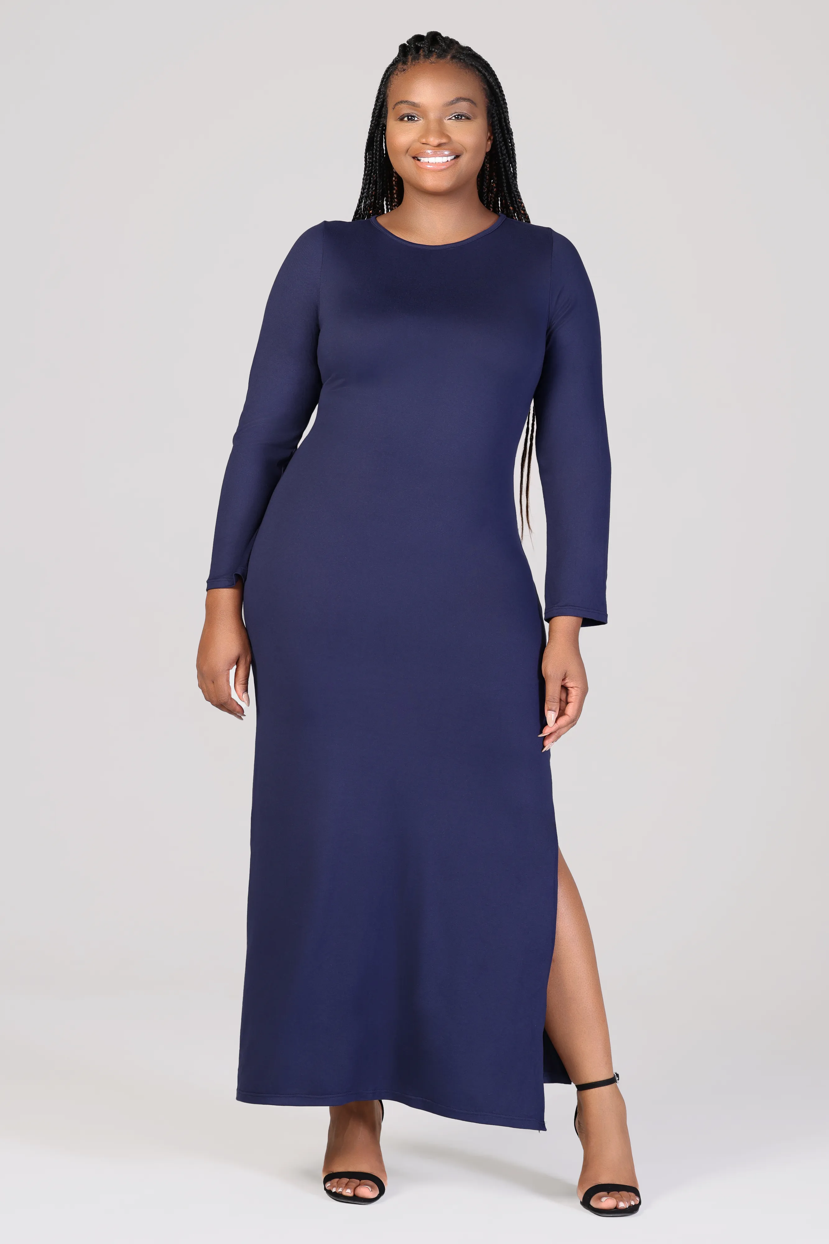 Long Sleeve Side Slit Fitted Plus Size Maxi Dress