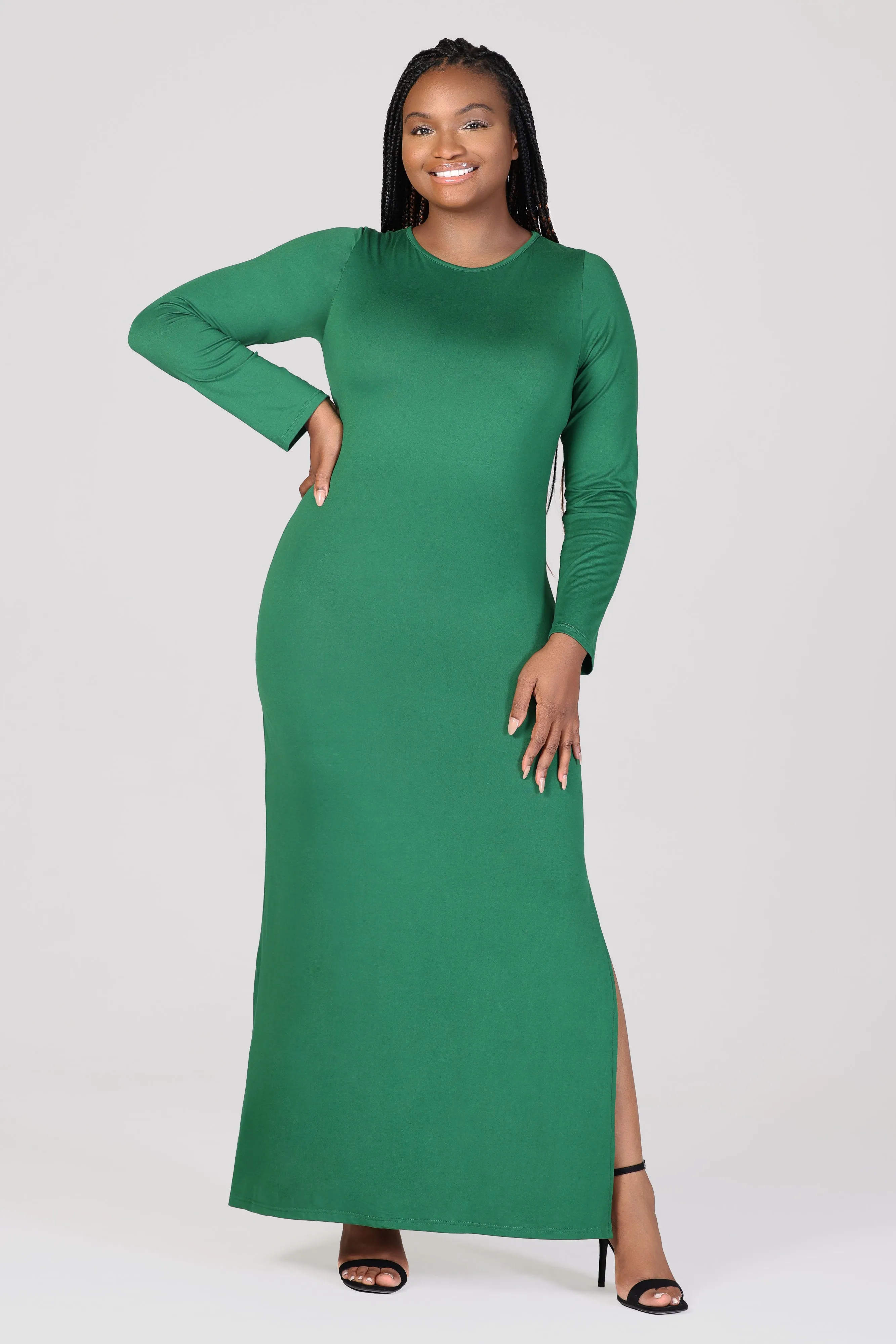 Long Sleeve Side Slit Fitted Plus Size Maxi Dress