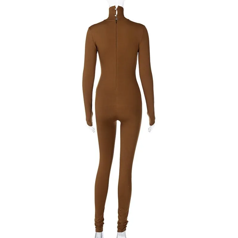 Long Sleeve Solid Turtleneck Skinny Bodycon Jumpsuit Autumn Winter