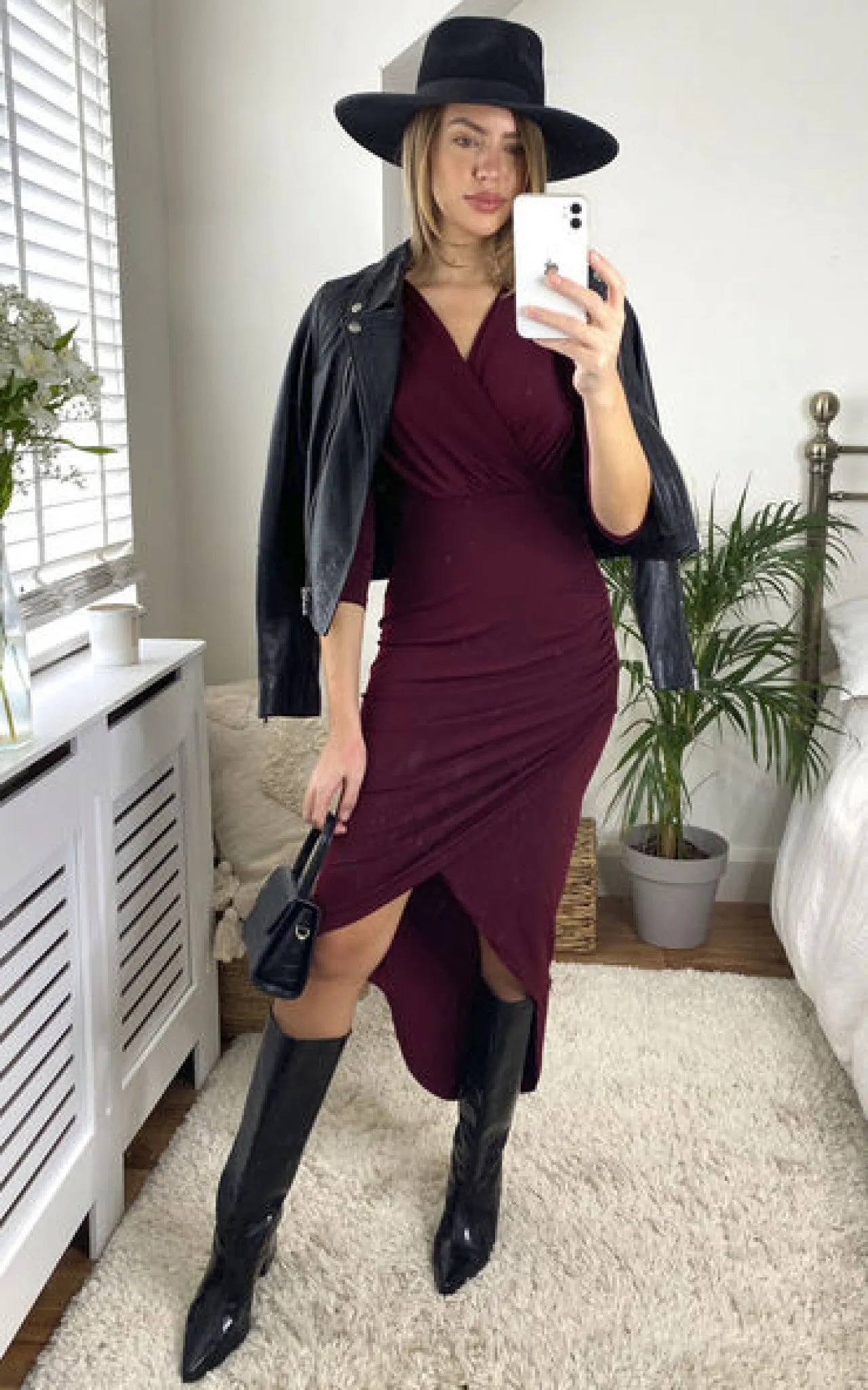 Love And Joy London Midi Wrap Dress In Burgundy