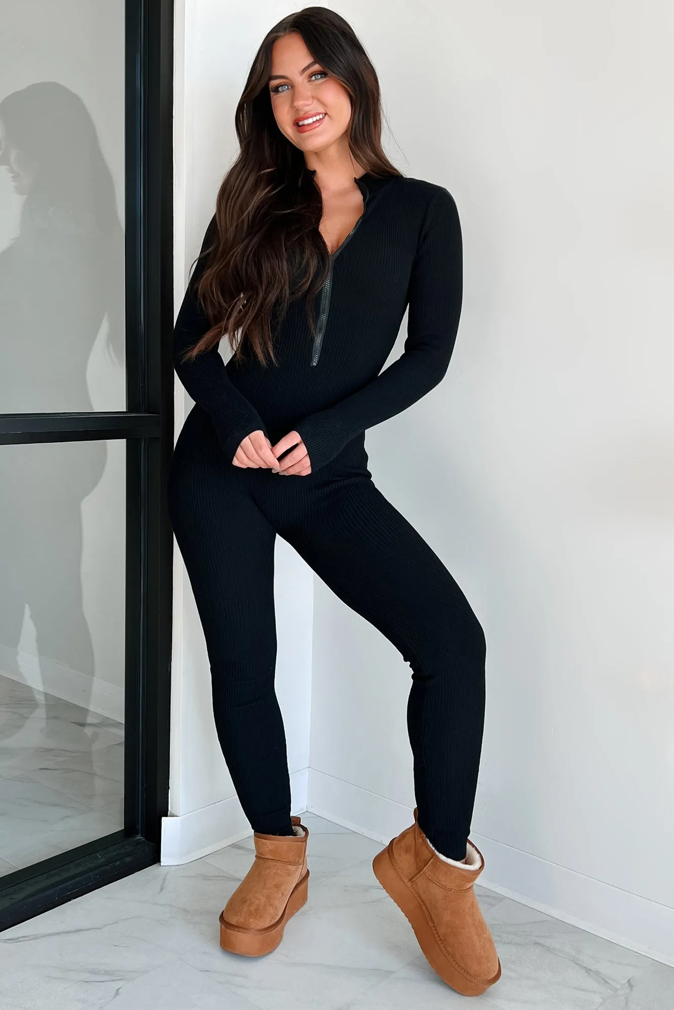 Lowkey And Loving It Zip Front Ribbed Jumpsuit (Black)