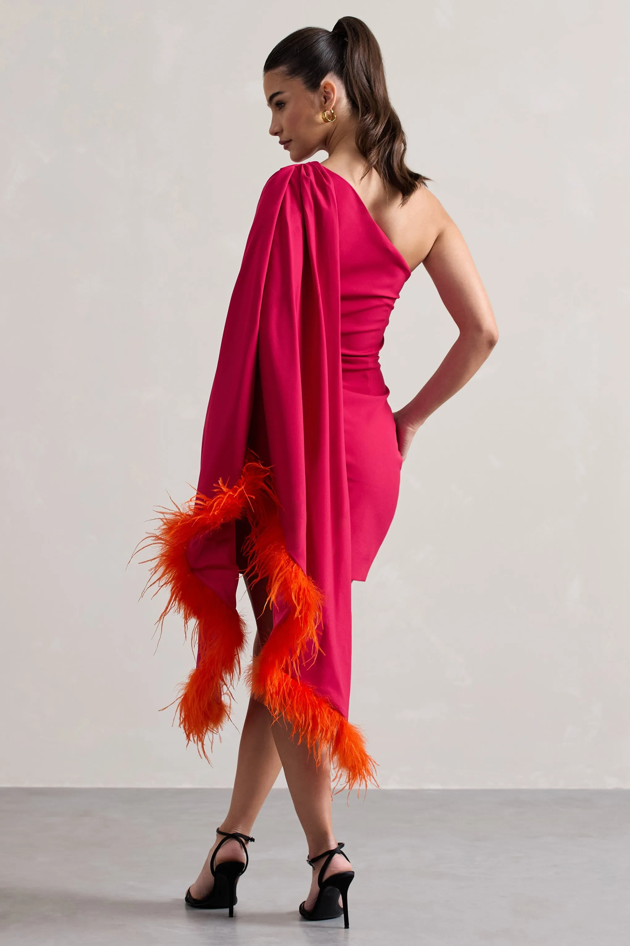 Lyrika | Dark Pink Asymmetric Cape Sleeve Mini Dress With Feathers