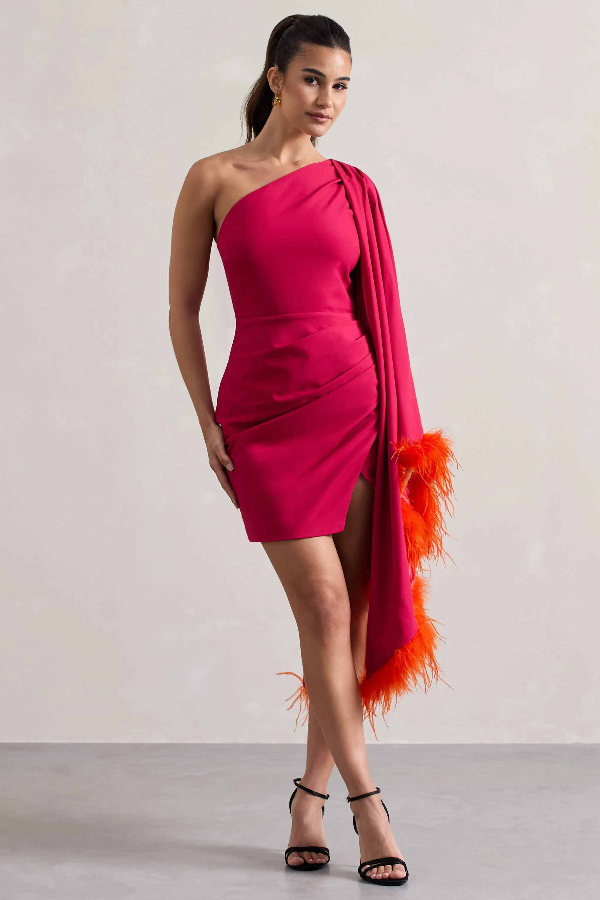 Lyrika | Dark Pink Asymmetric Cape Sleeve Mini Dress With Feathers