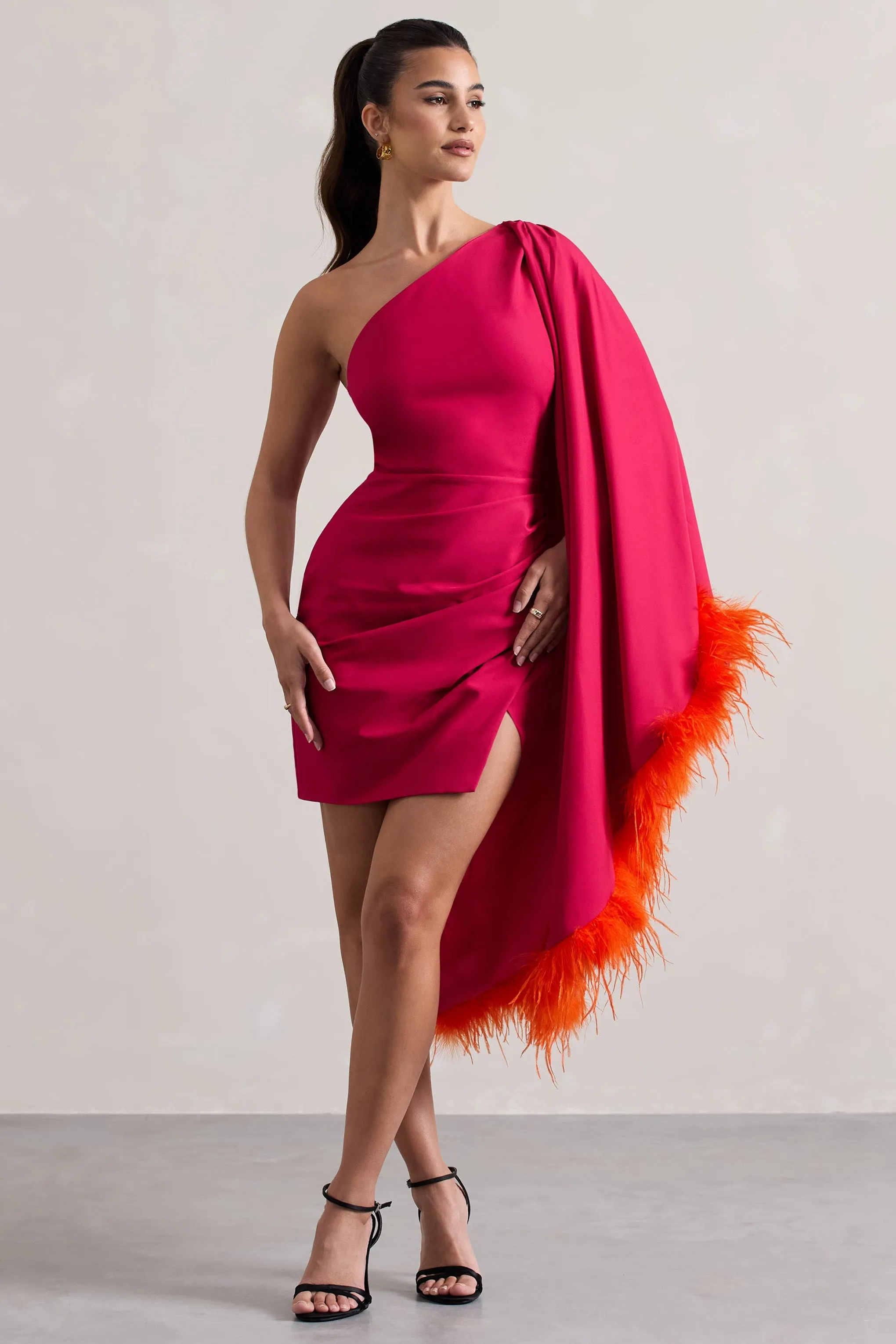 Lyrika | Dark Pink Asymmetric Cape Sleeve Mini Dress With Feathers