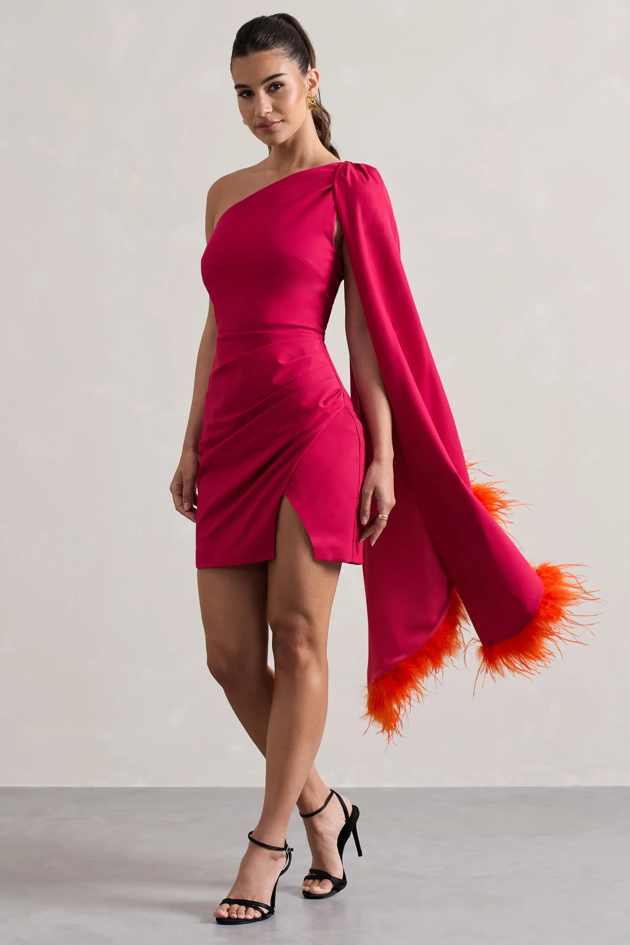 Lyrika | Dark Pink Asymmetric Cape Sleeve Mini Dress With Feathers