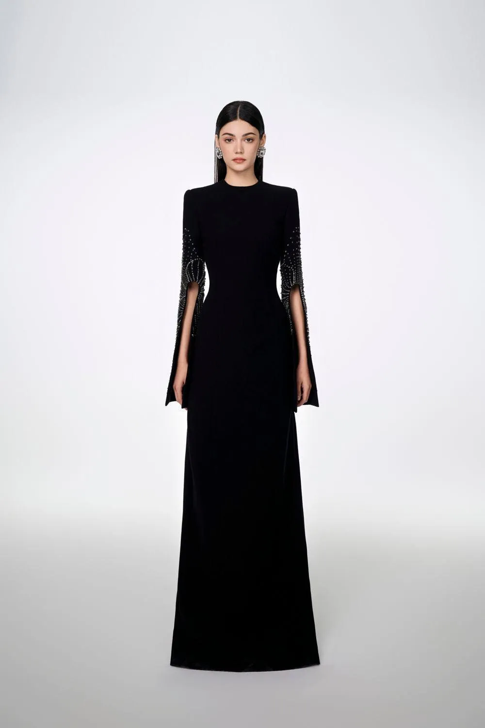 Madeline Bodycon Slit Sleeved Crepe Floor Length Dress