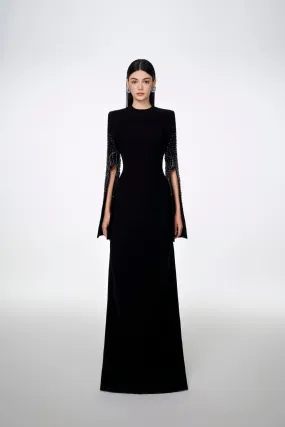 Madeline Bodycon Slit Sleeved Crepe Floor Length Dress