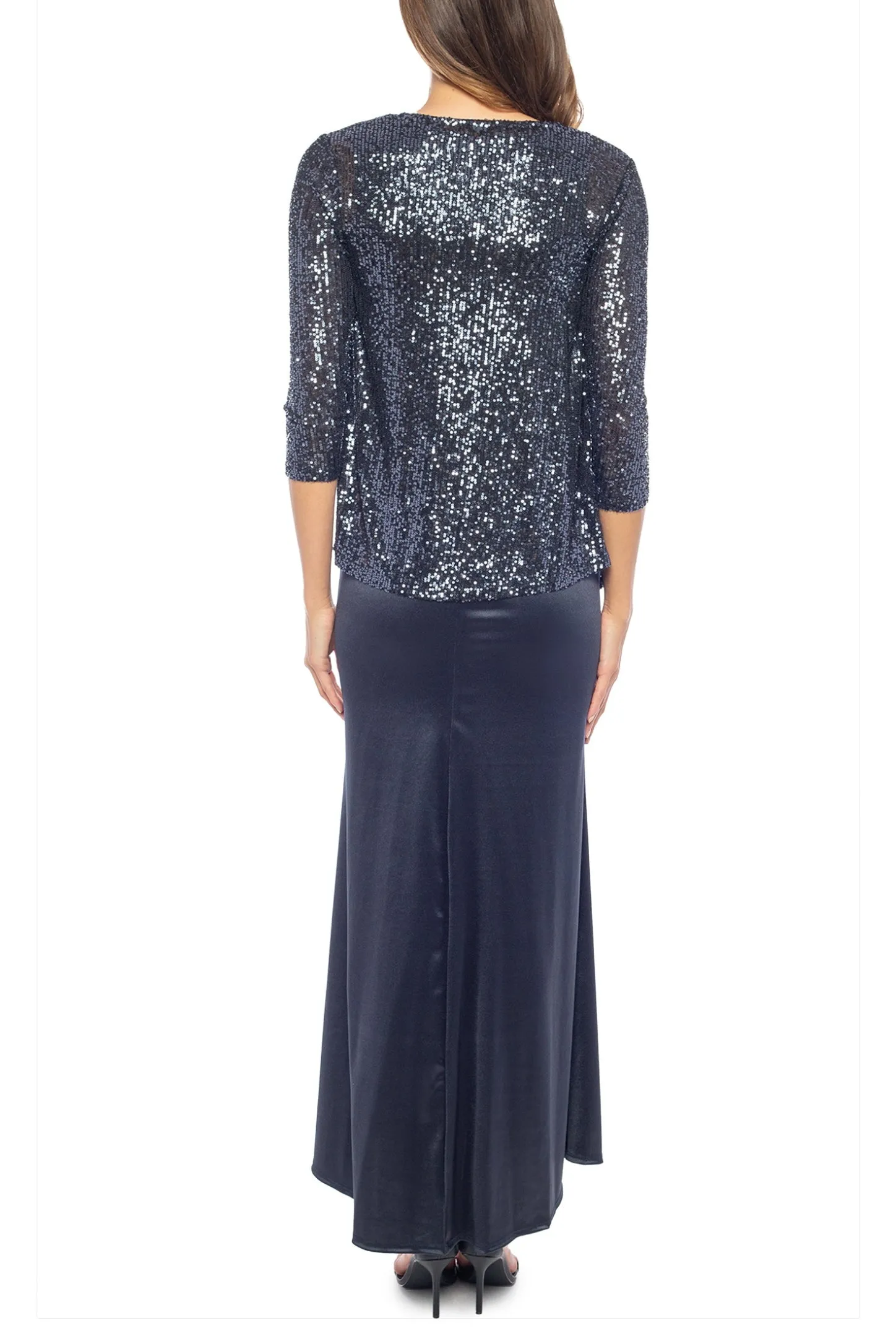 Marina 3/4 Sleeve Scoop Neck Sequin Satin 2-Piece Jacket Dress