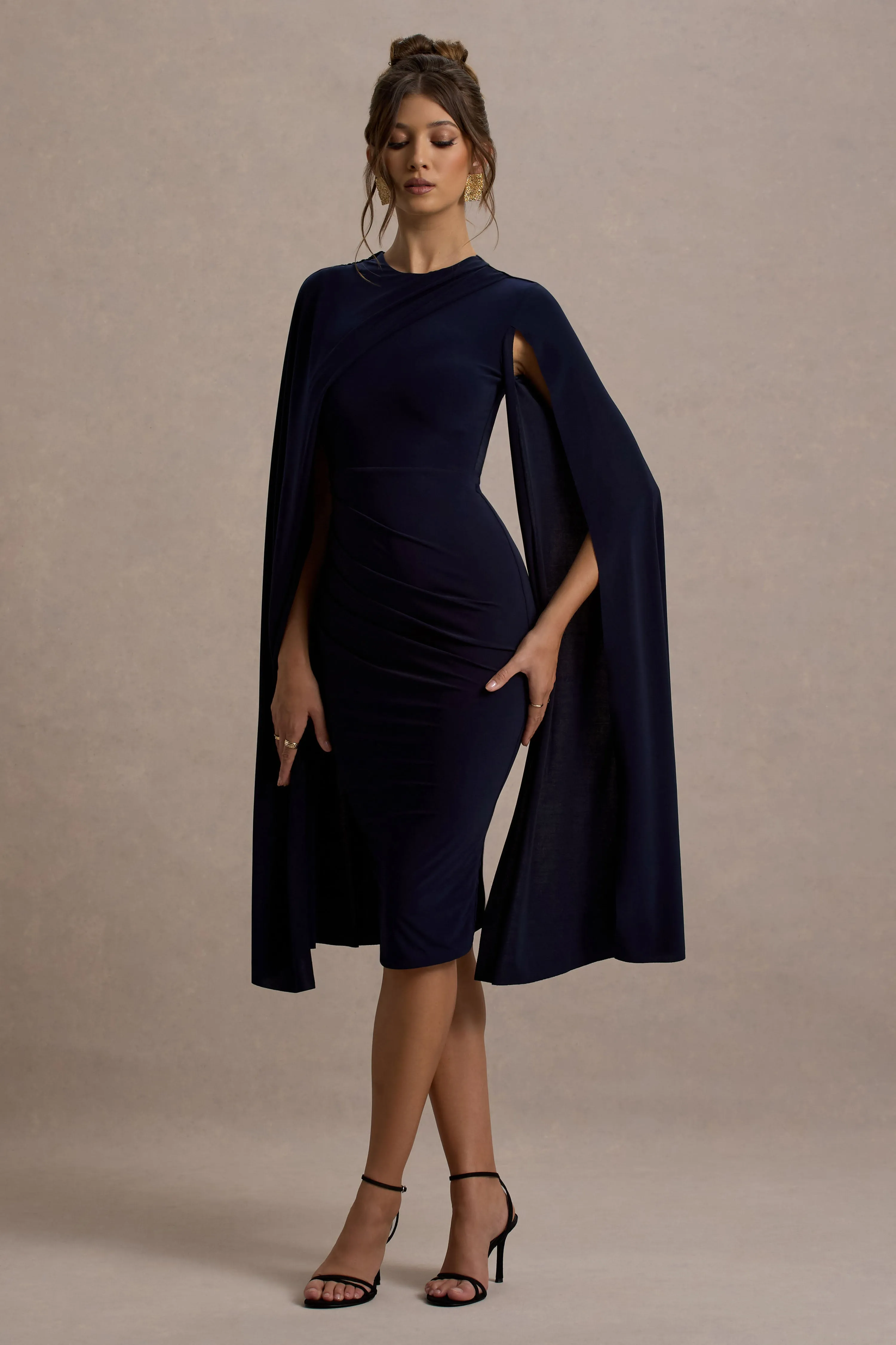 Marysol | Navy Asymmetric Cape Midi Dress