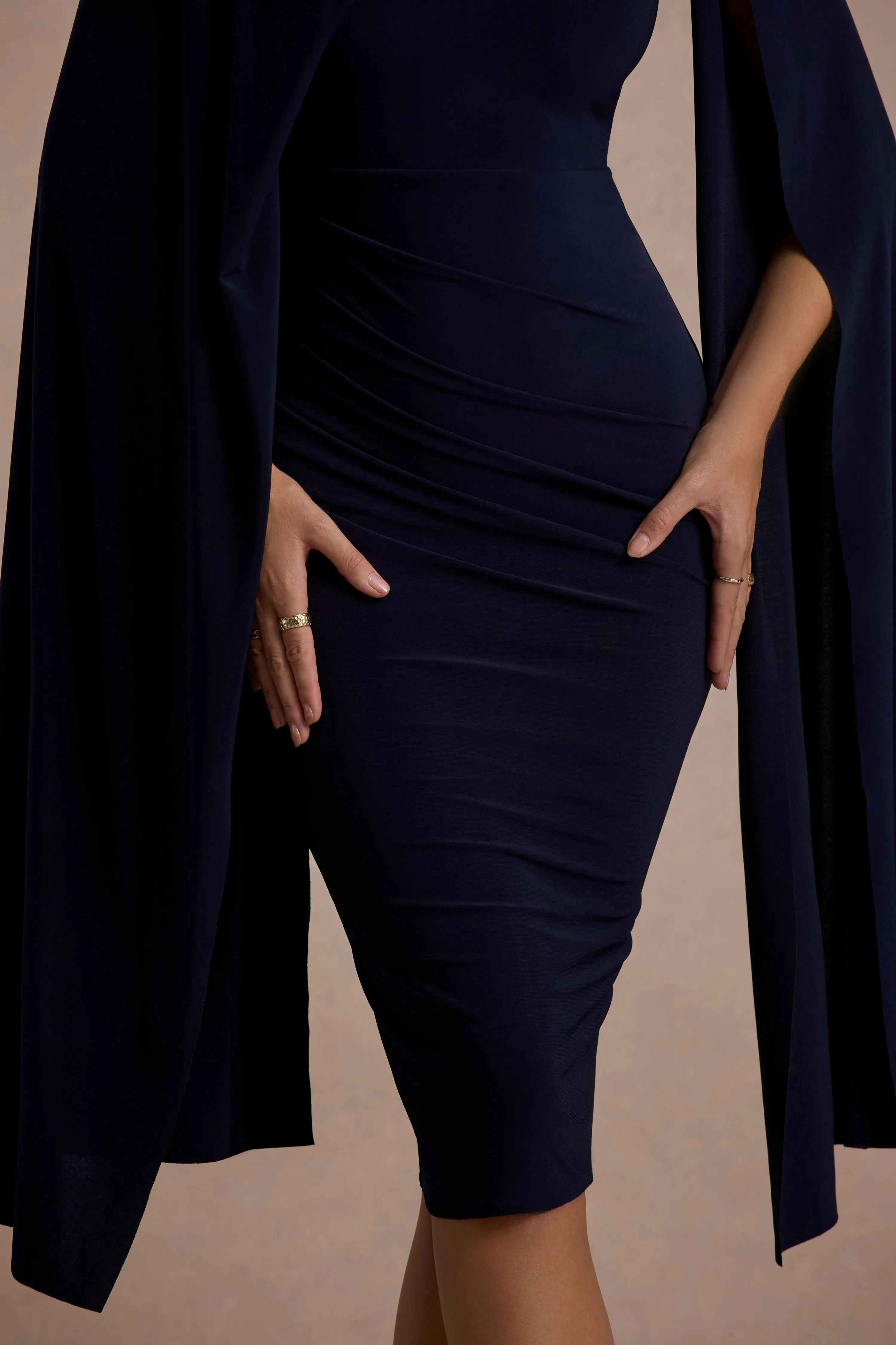 Marysol | Navy Asymmetric Cape Midi Dress