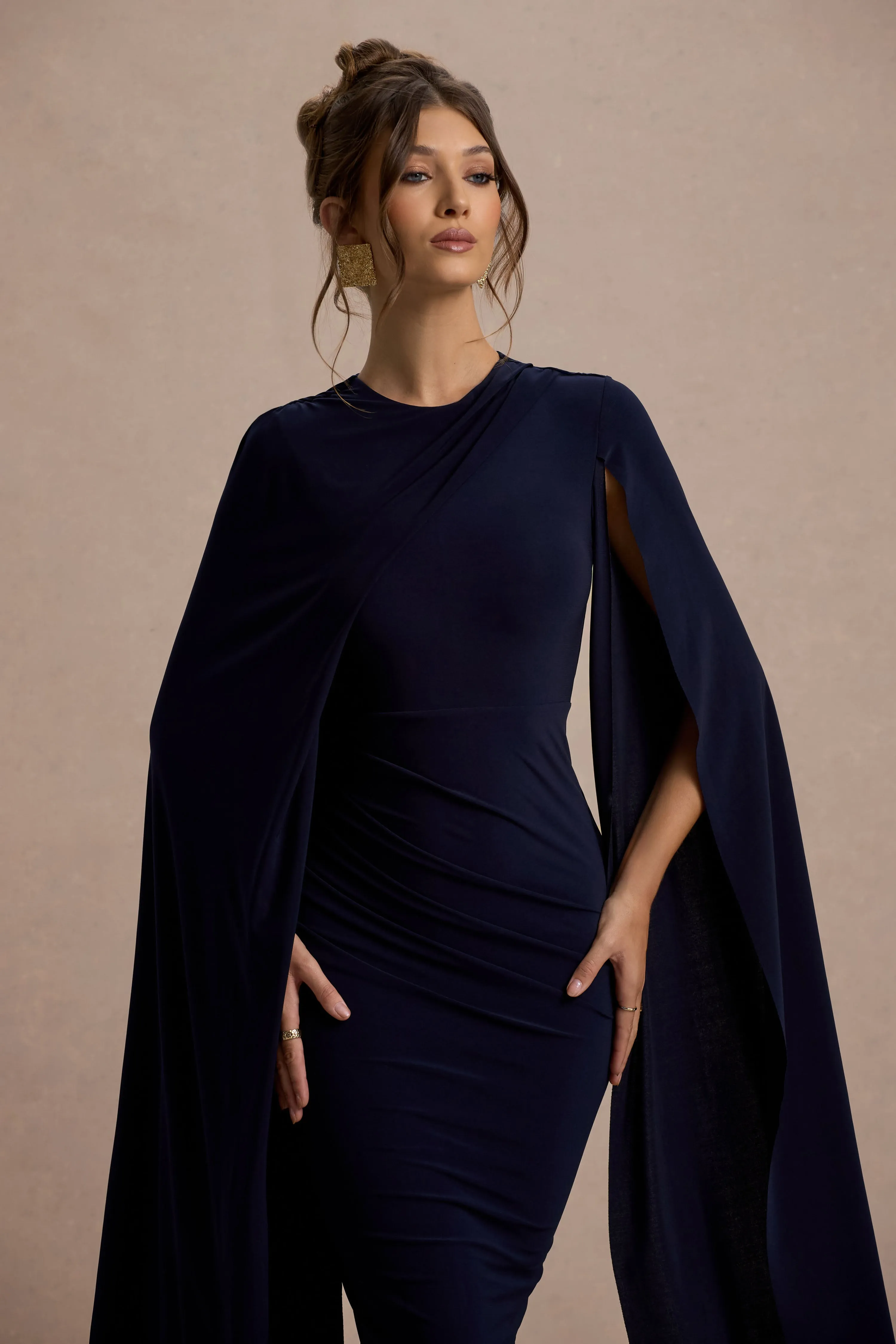 Marysol | Navy Asymmetric Cape Midi Dress