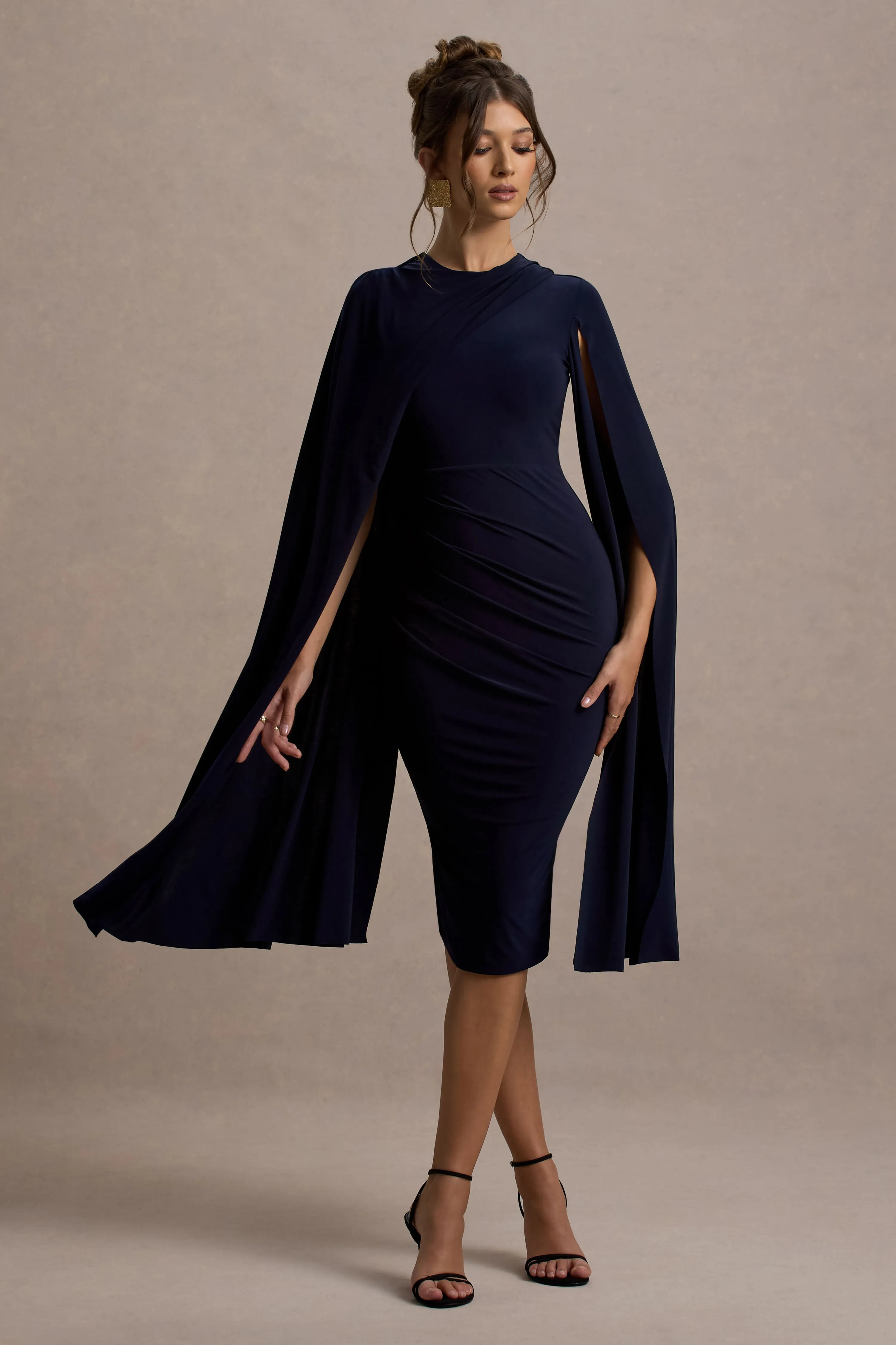 Marysol | Navy Asymmetric Cape Midi Dress