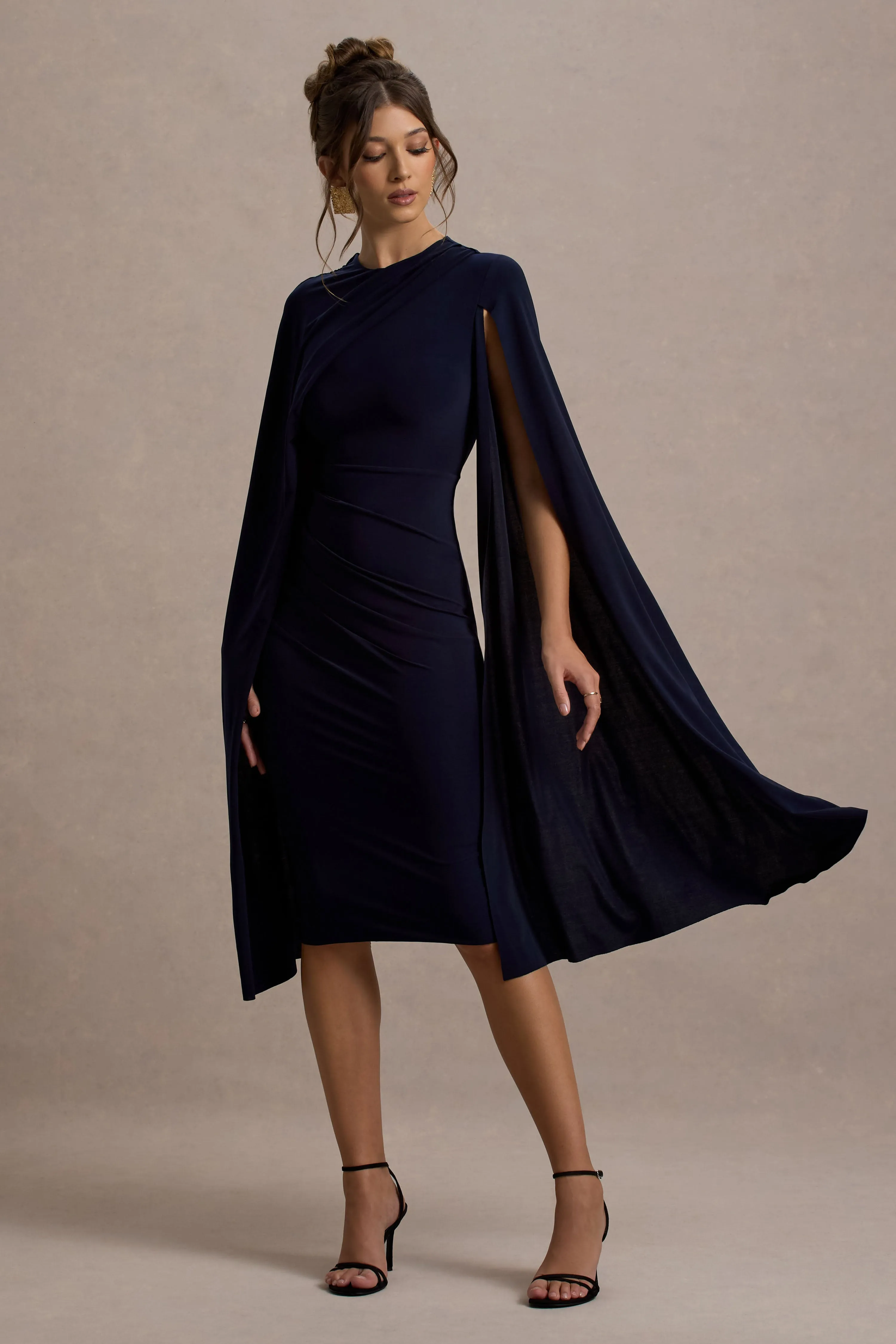 Marysol | Navy Asymmetric Cape Midi Dress