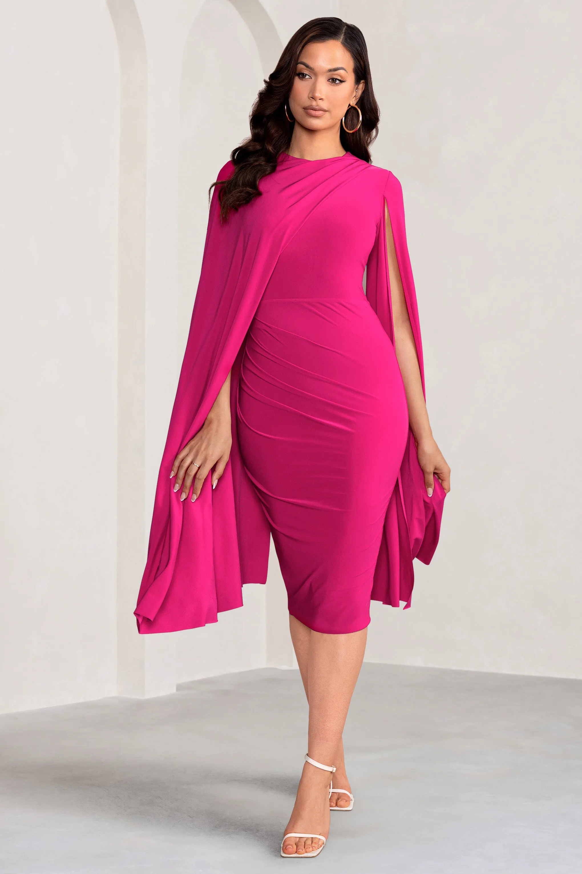 Marysol | Pink Asymmetric Cape Midi Dress