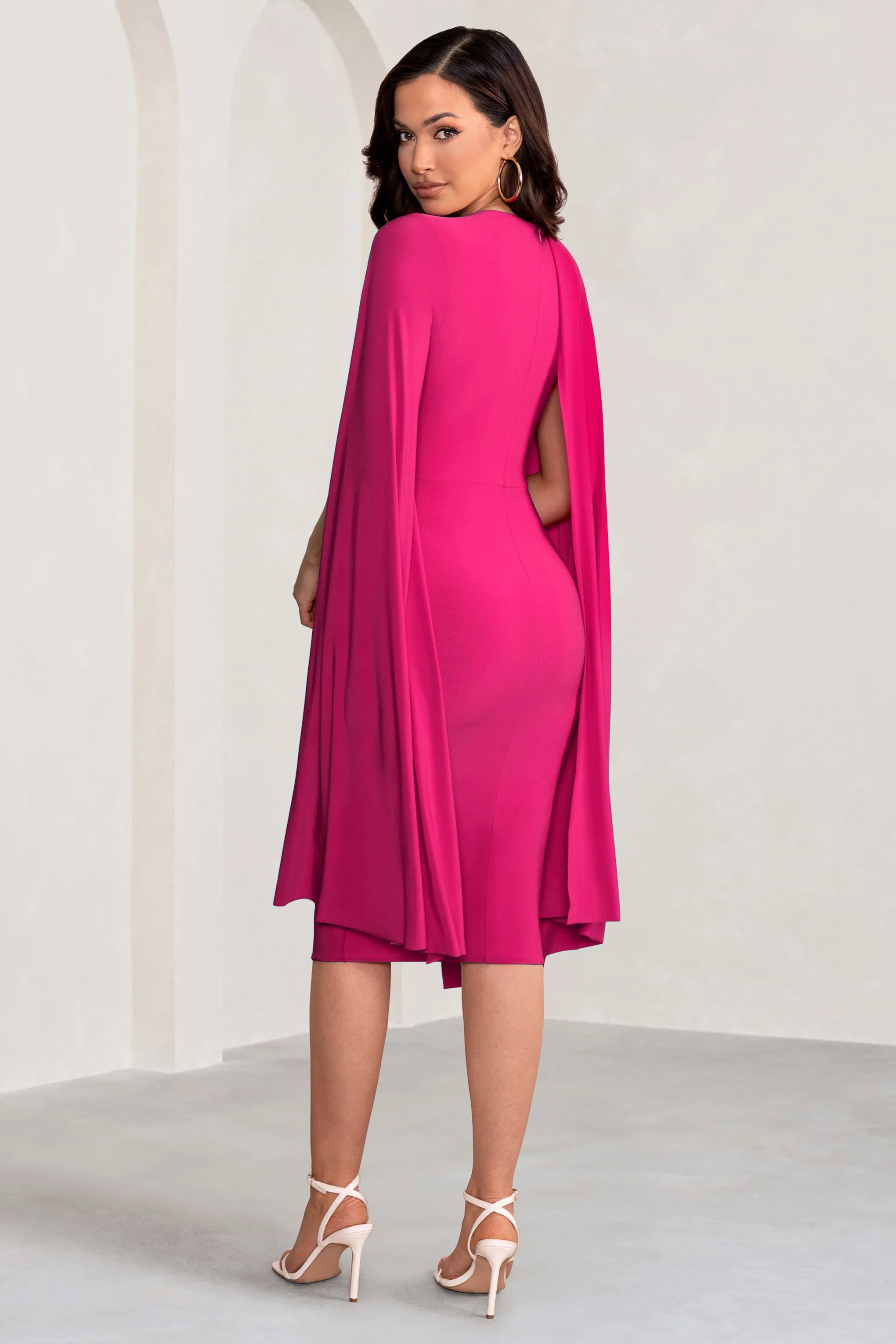 Marysol | Pink Asymmetric Cape Midi Dress