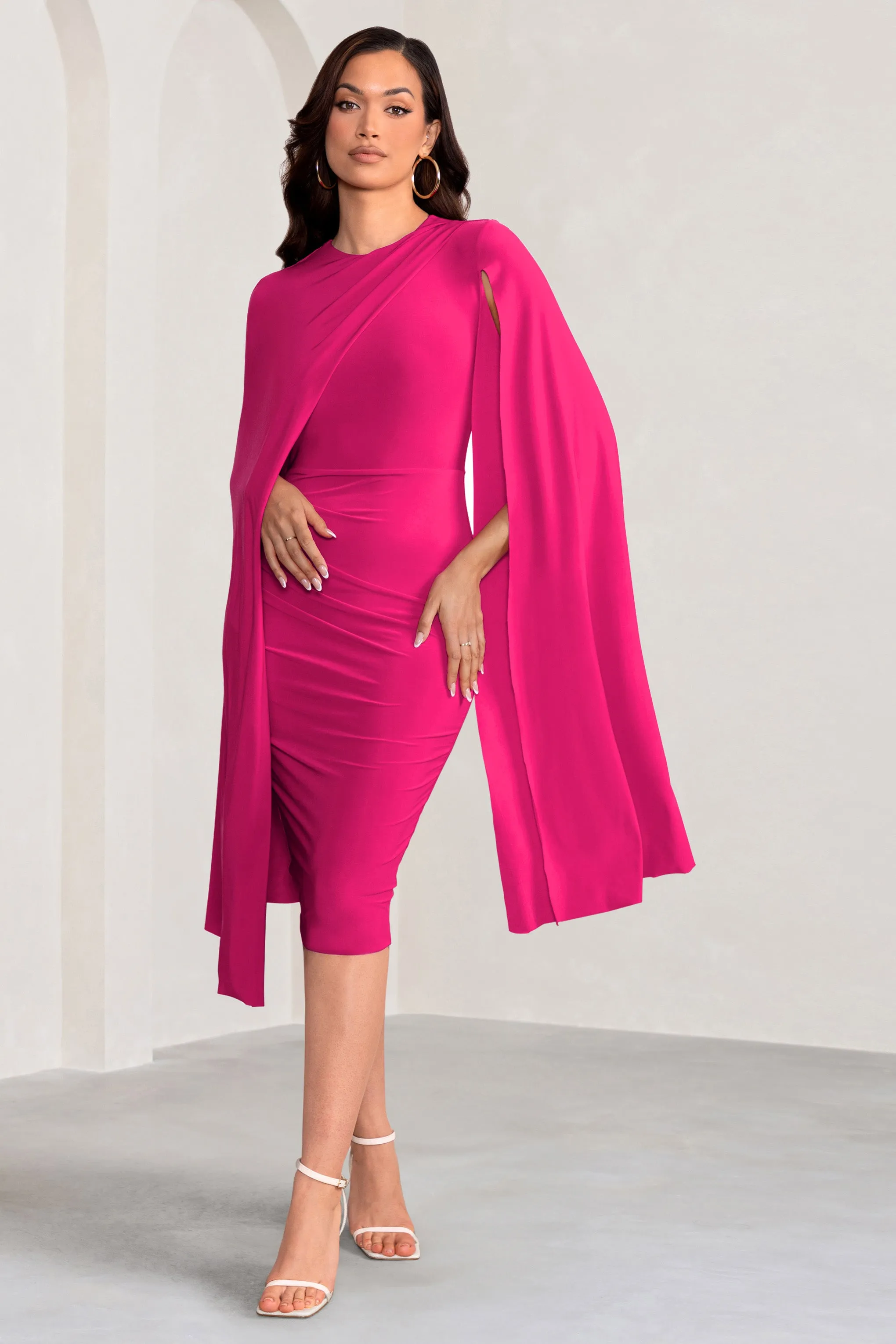 Marysol | Pink Asymmetric Cape Midi Dress