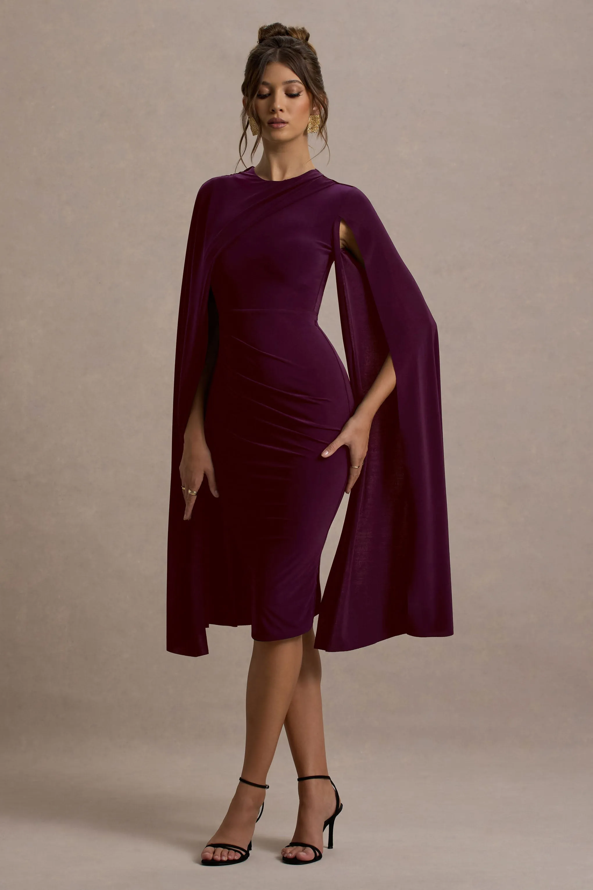 Marysol | Plum Asymmetric Cape Midi Dress