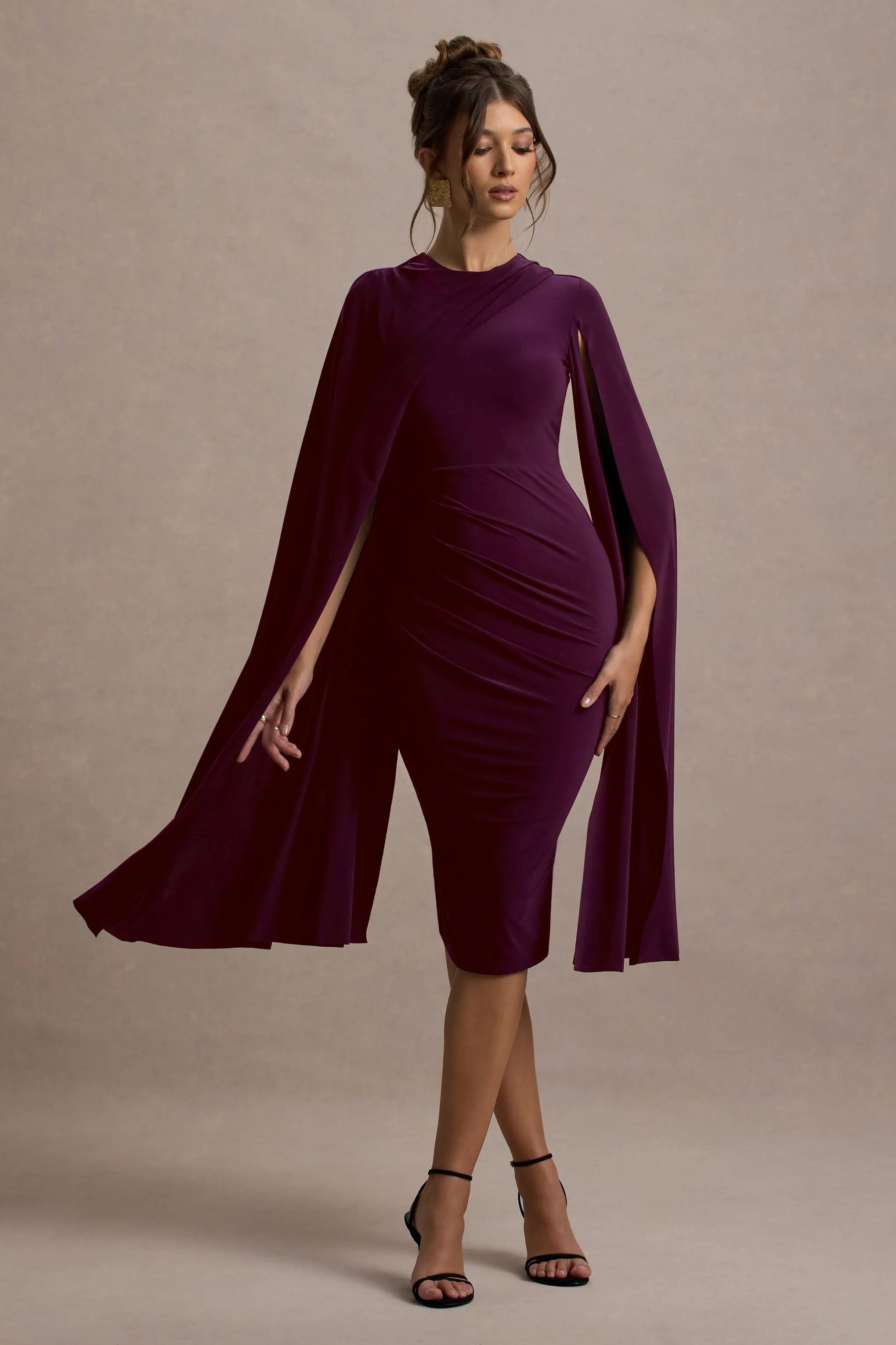 Marysol | Plum Asymmetric Cape Midi Dress